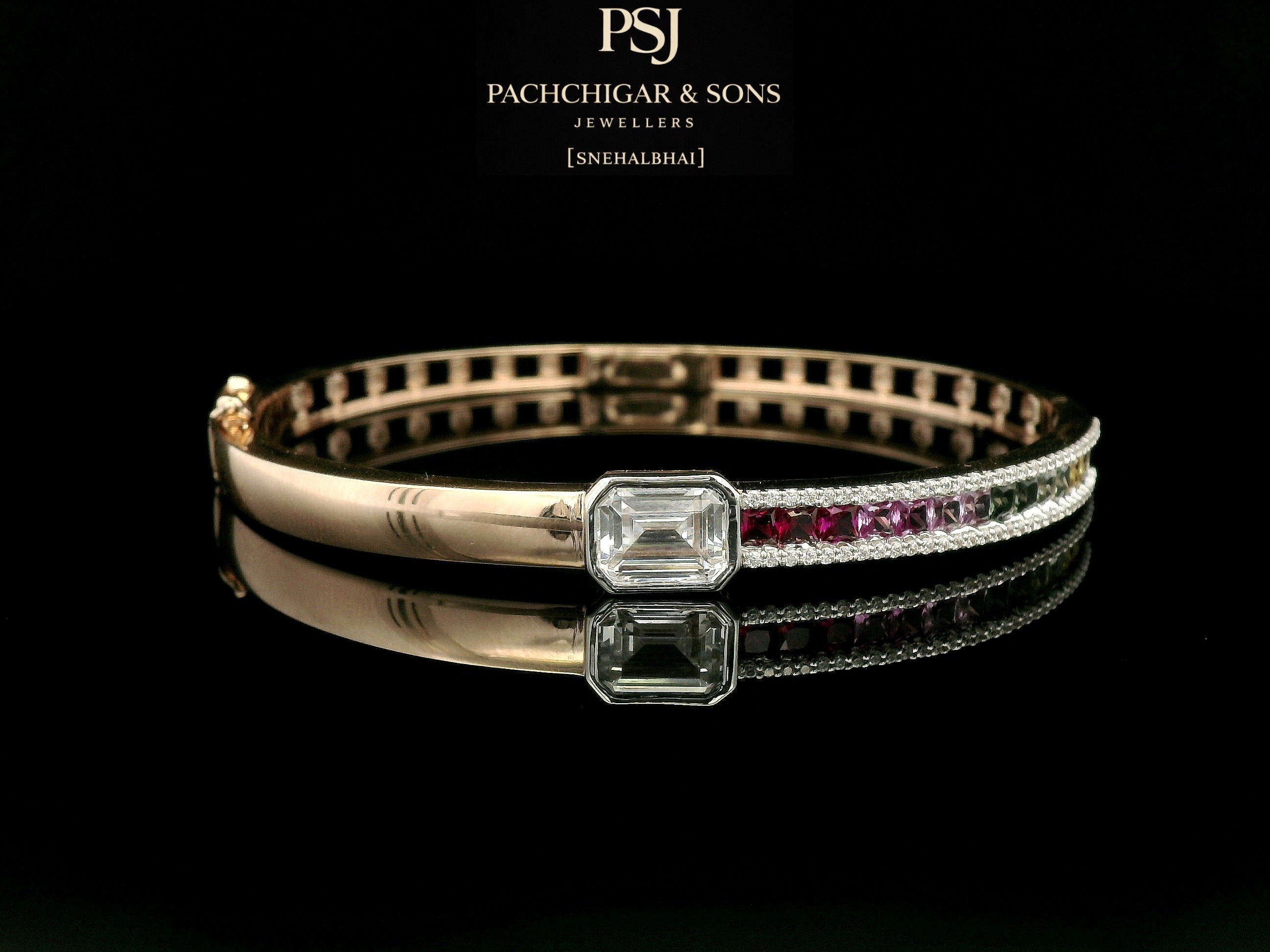 Rainbow Sapphire and Diamond Rose Gold Bangle