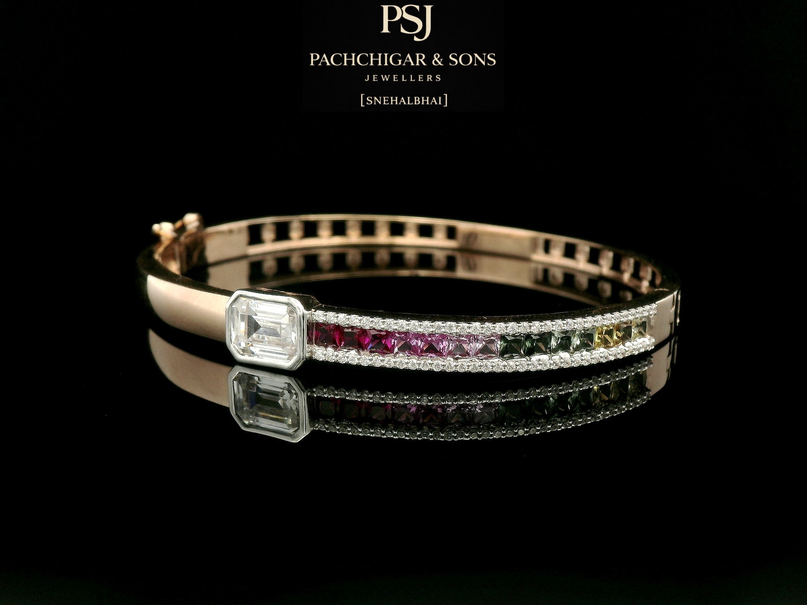 Rainbow Sapphire and Diamond Rose Gold Bangle