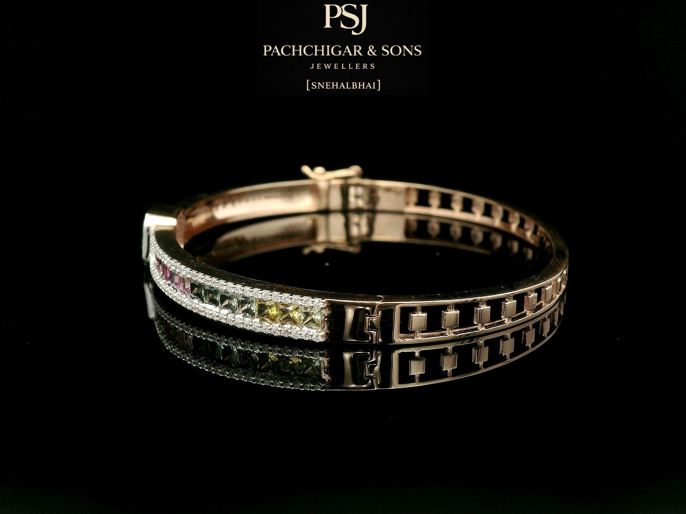 Rainbow Sapphire and Diamond Rose Gold Bangle