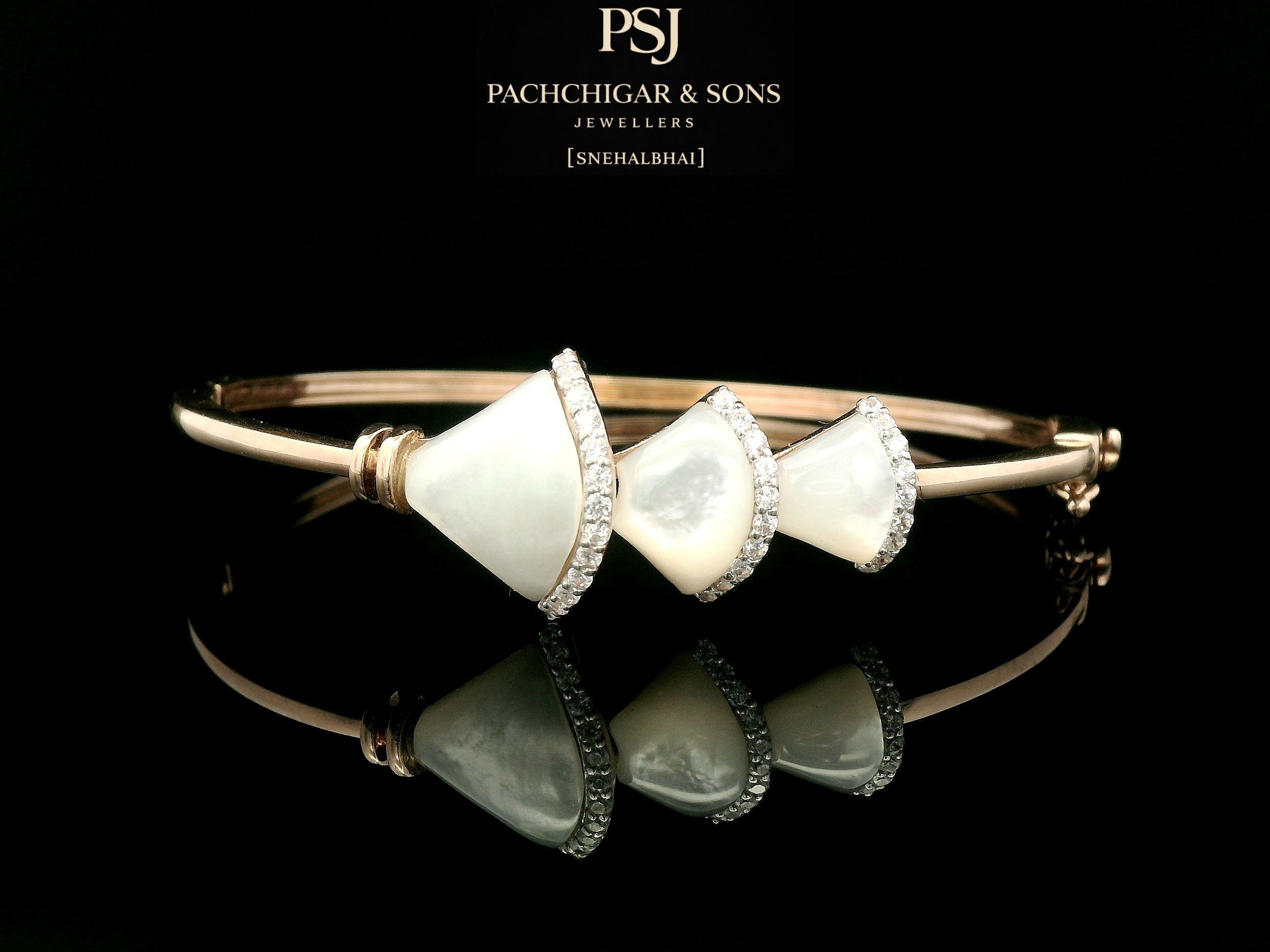 Modern Mother of Pearl Diamond Bangle in Rose Gold