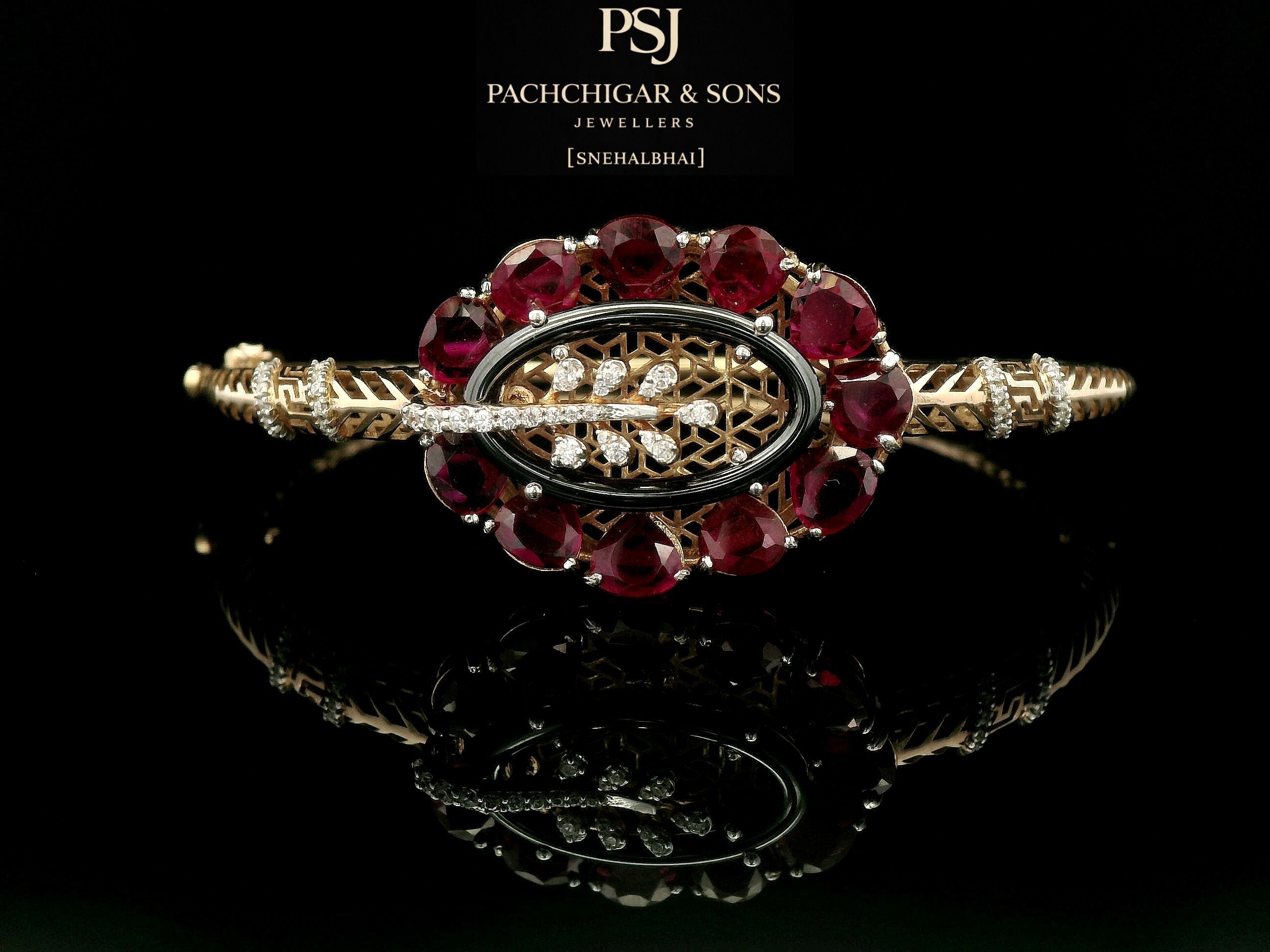 Ruby Floral Statement Bangle with Black Enamel and Diamond Detailing