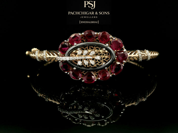 Ruby Floral Statement Bangle with Black Enamel and Diamond Detailing