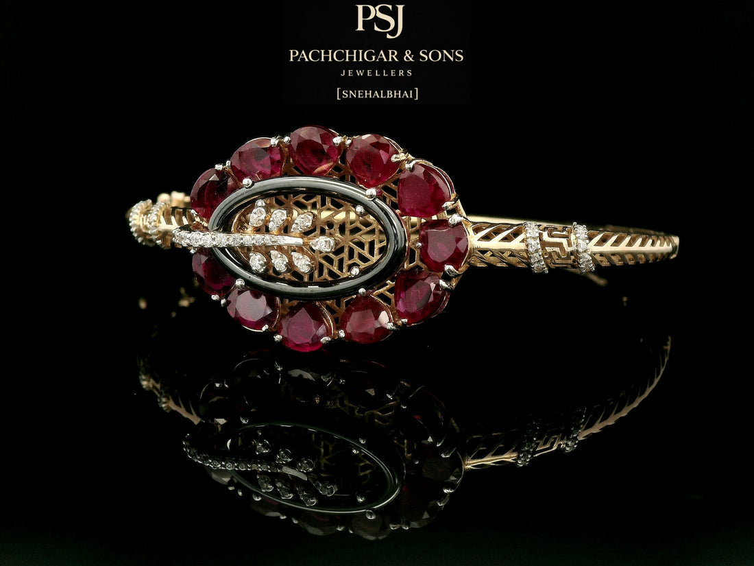 Ruby Floral Statement Bangle with Black Enamel and Diamond Detailing