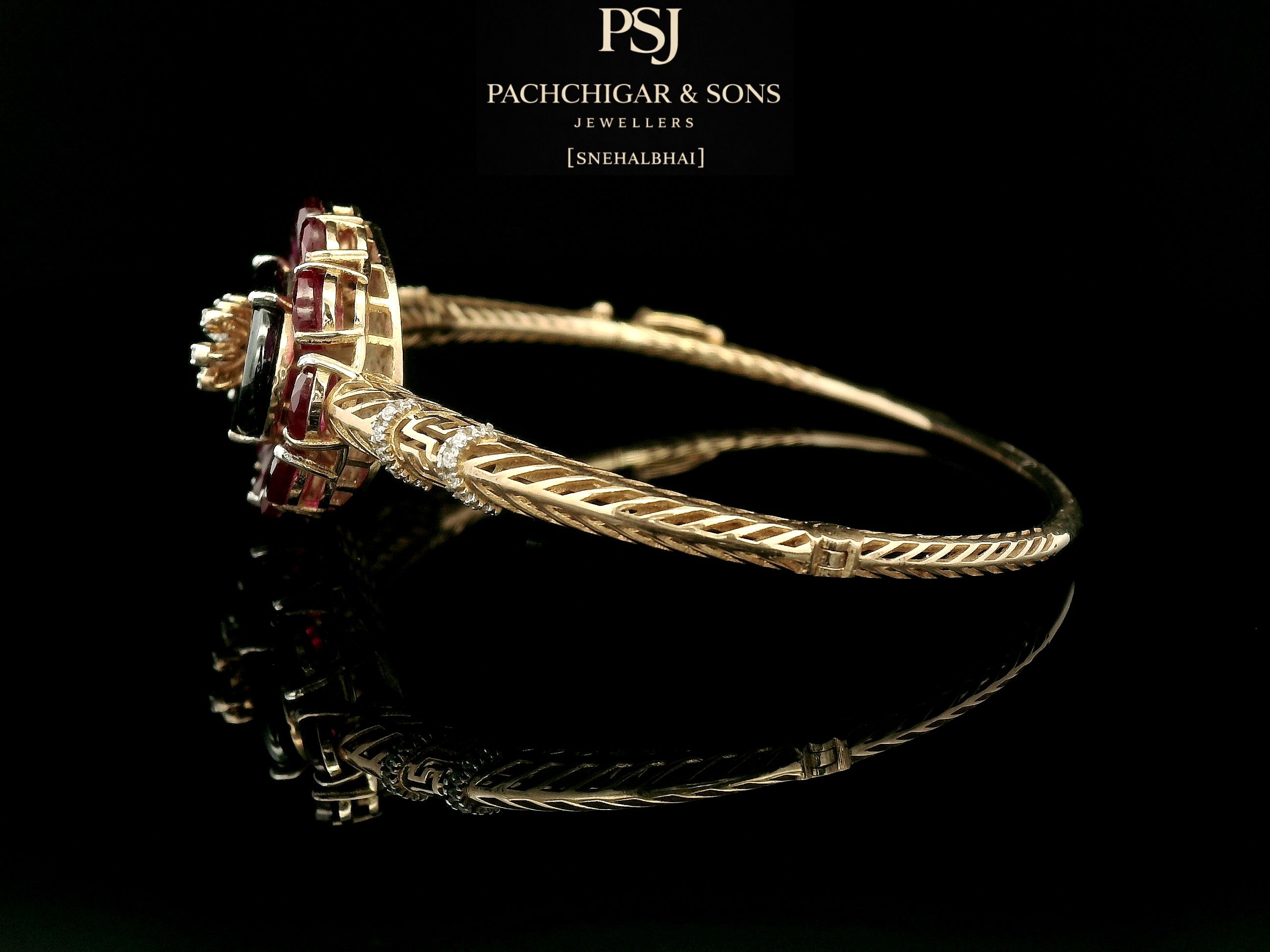 Ruby Floral Statement Bangle with Black Enamel and Diamond Detailing