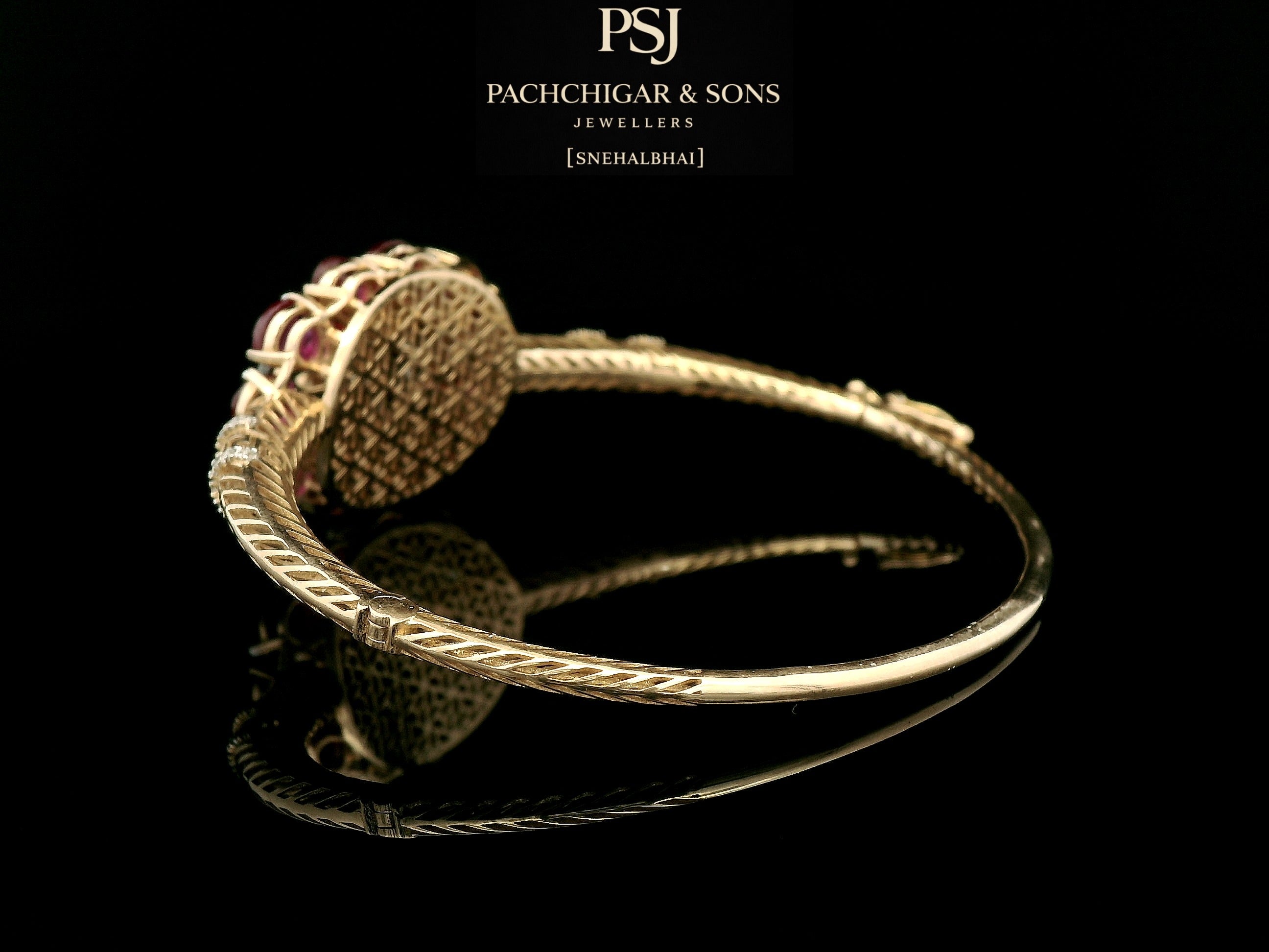 Ruby Floral Statement Bangle with Black Enamel and Diamond Detailing