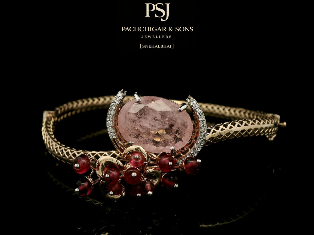 Rose Quartz Statement Bangle with Diamond Halo and Red Bead Detailing