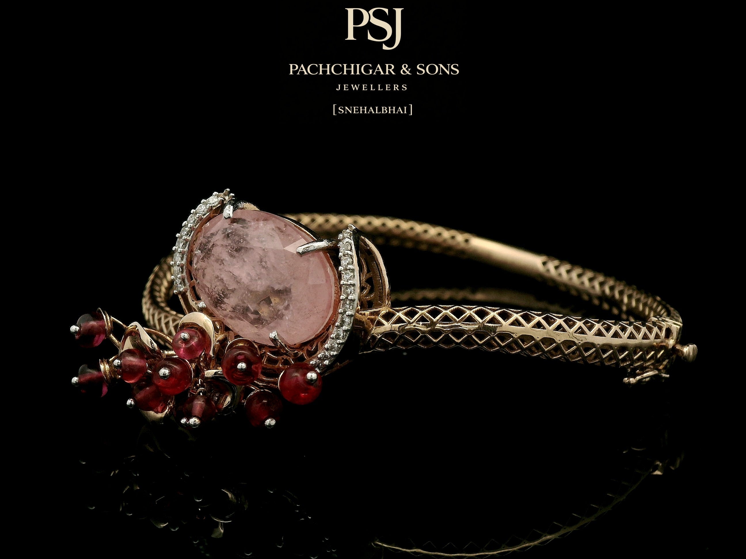 Rose Quartz Statement Bangle with Diamond Halo and Red Bead Detailing
