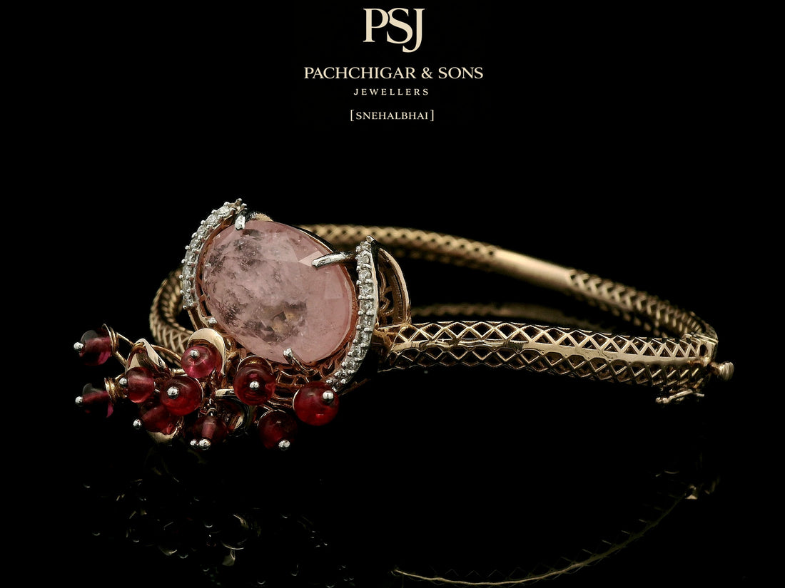 Rose Quartz Statement Bangle with Diamond Halo and Red Bead Detailing