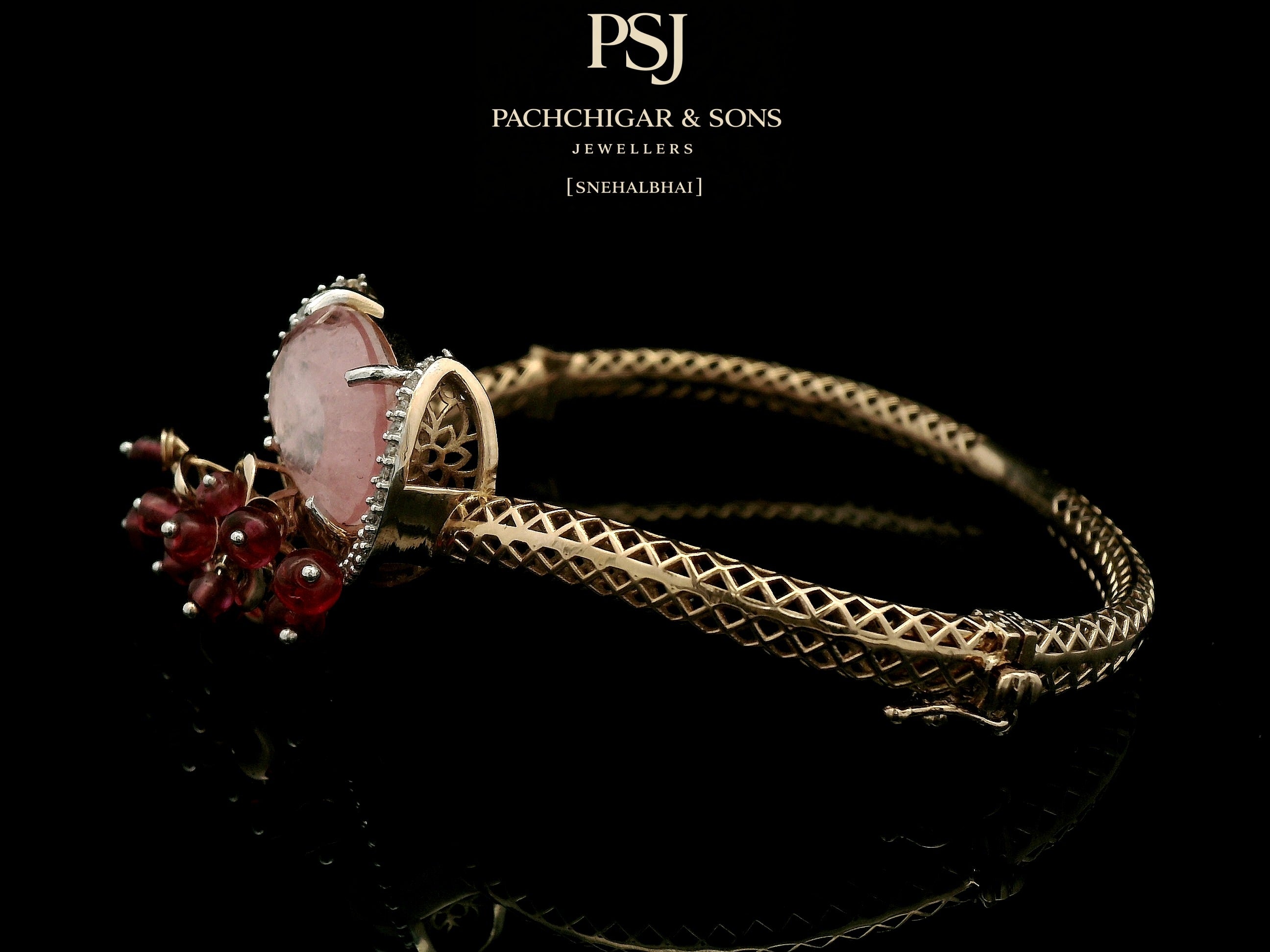 Rose Quartz Statement Bangle with Diamond Halo and Red Bead Detailing