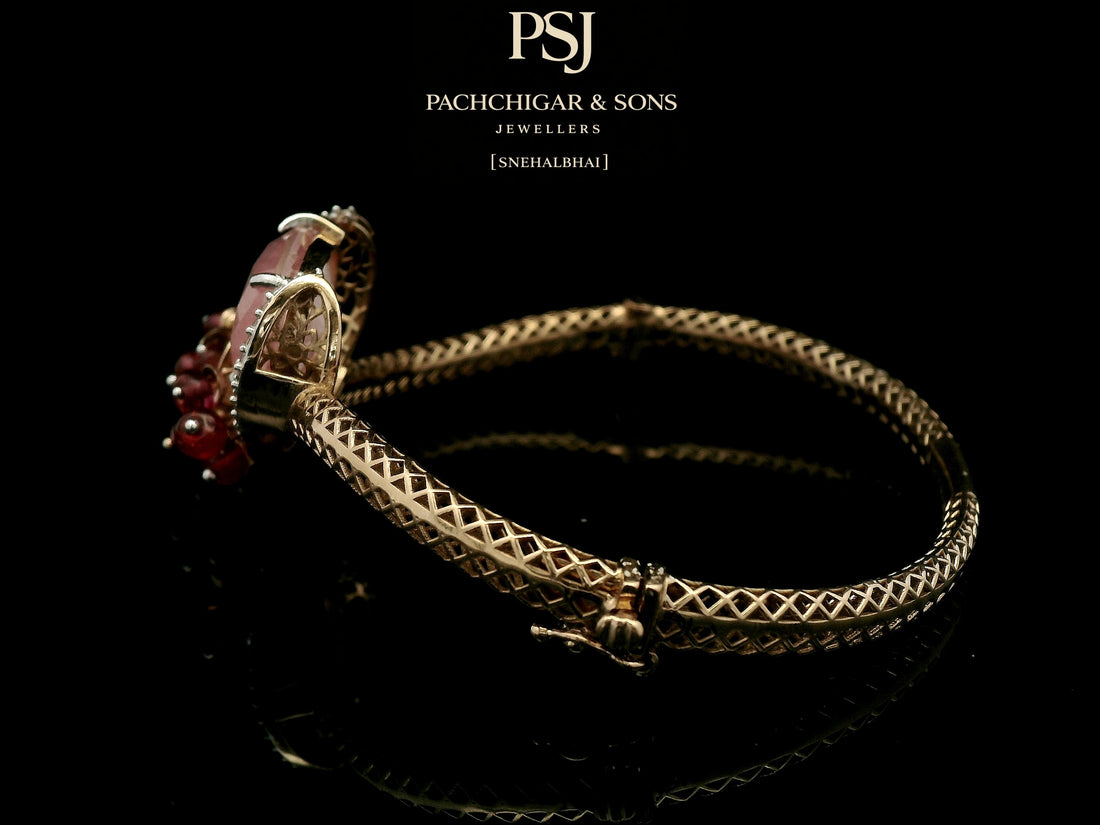 Rose Quartz Statement Bangle with Diamond Halo and Red Bead Detailing