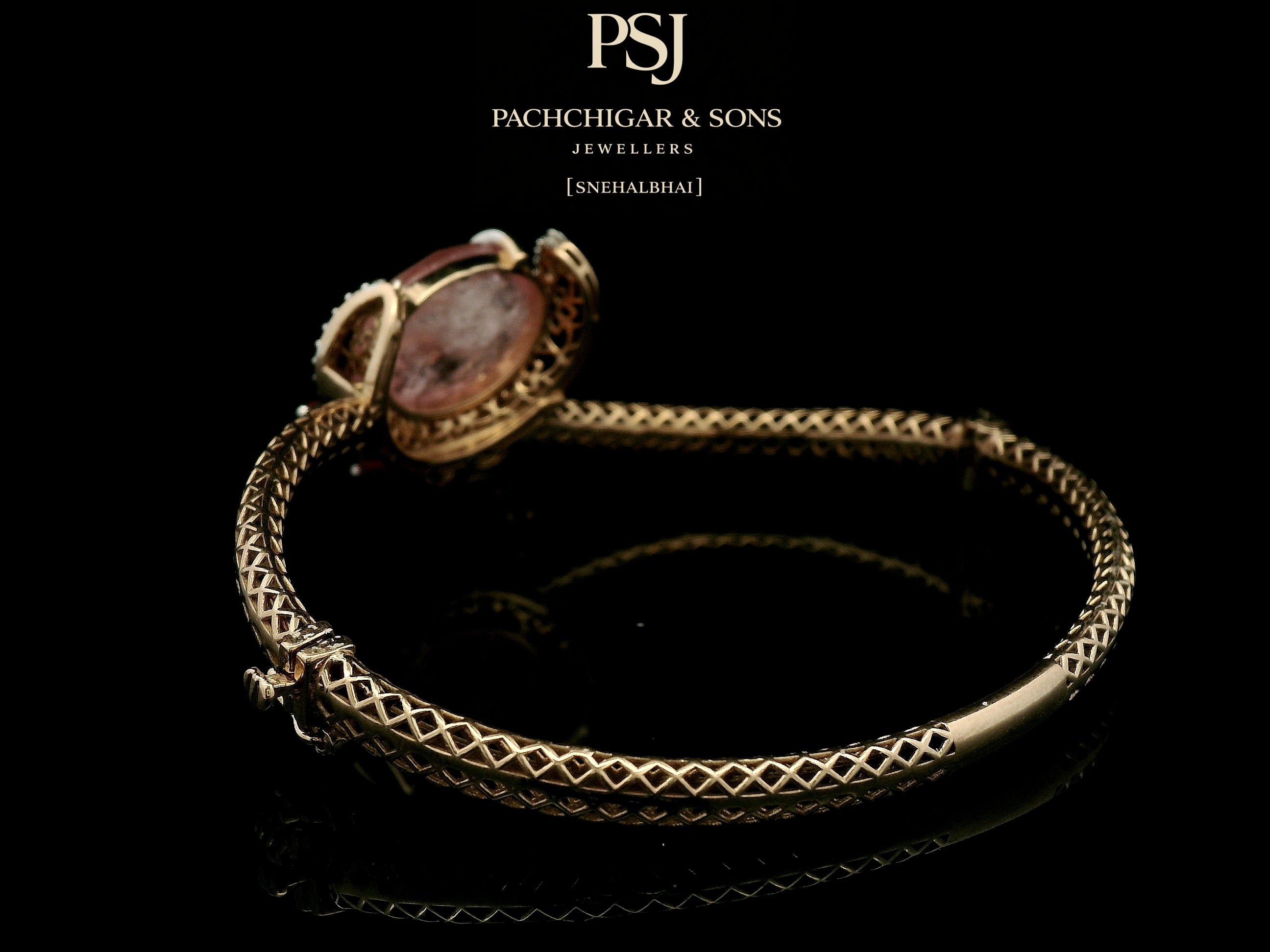 Rose Quartz Statement Bangle with Diamond Halo and Red Bead Detailing