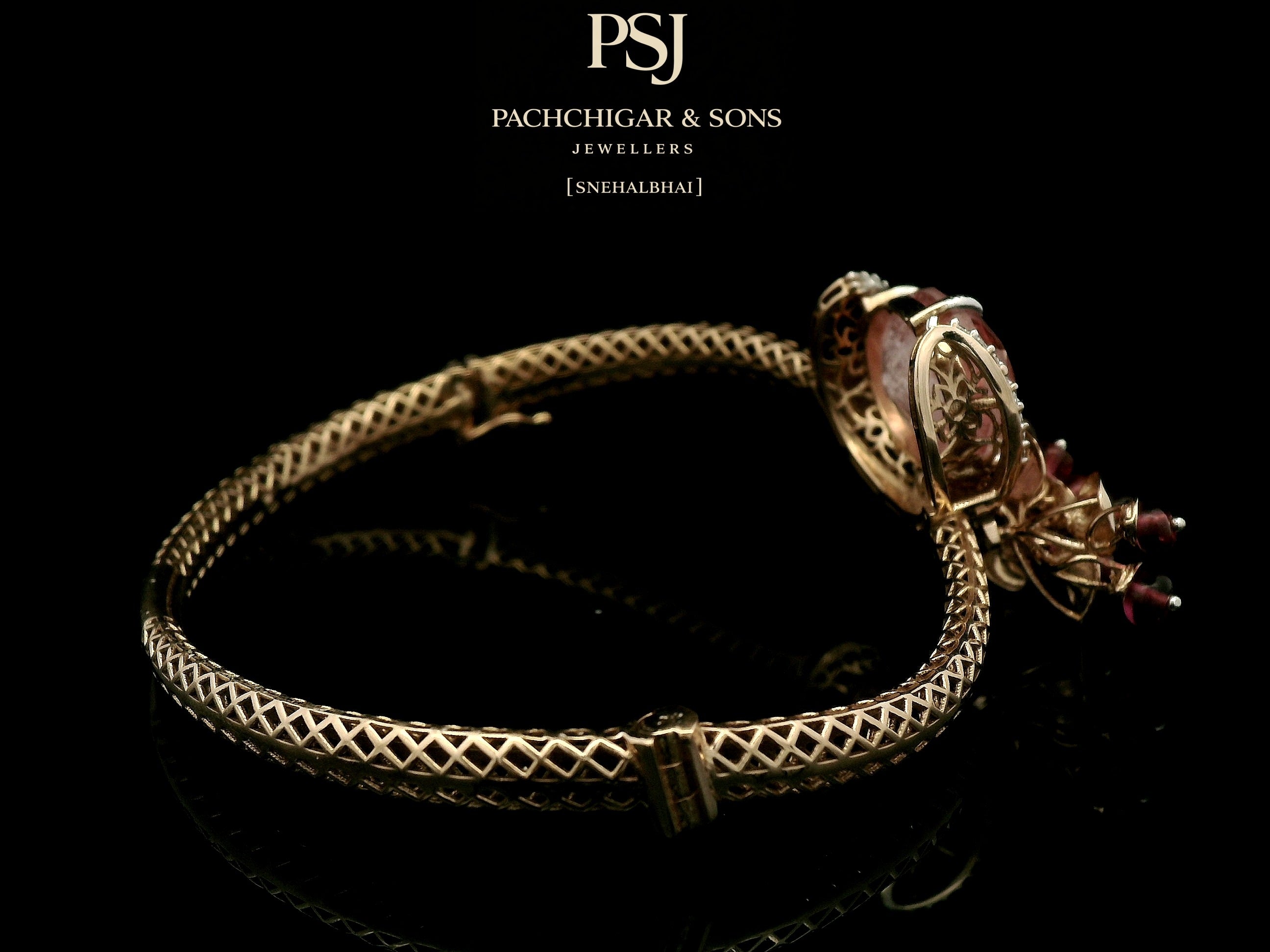 Rose Quartz Statement Bangle with Diamond Halo and Red Bead Detailing