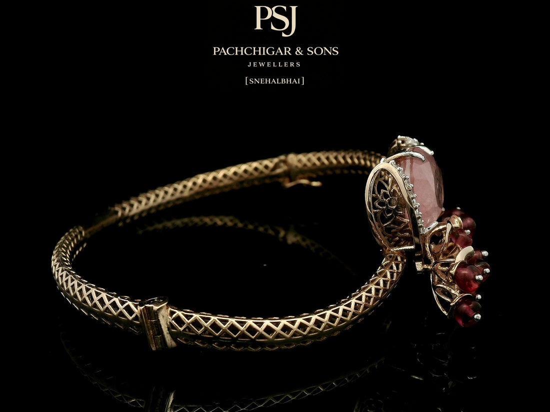 Rose Quartz Statement Bangle with Diamond Halo and Red Bead Detailing