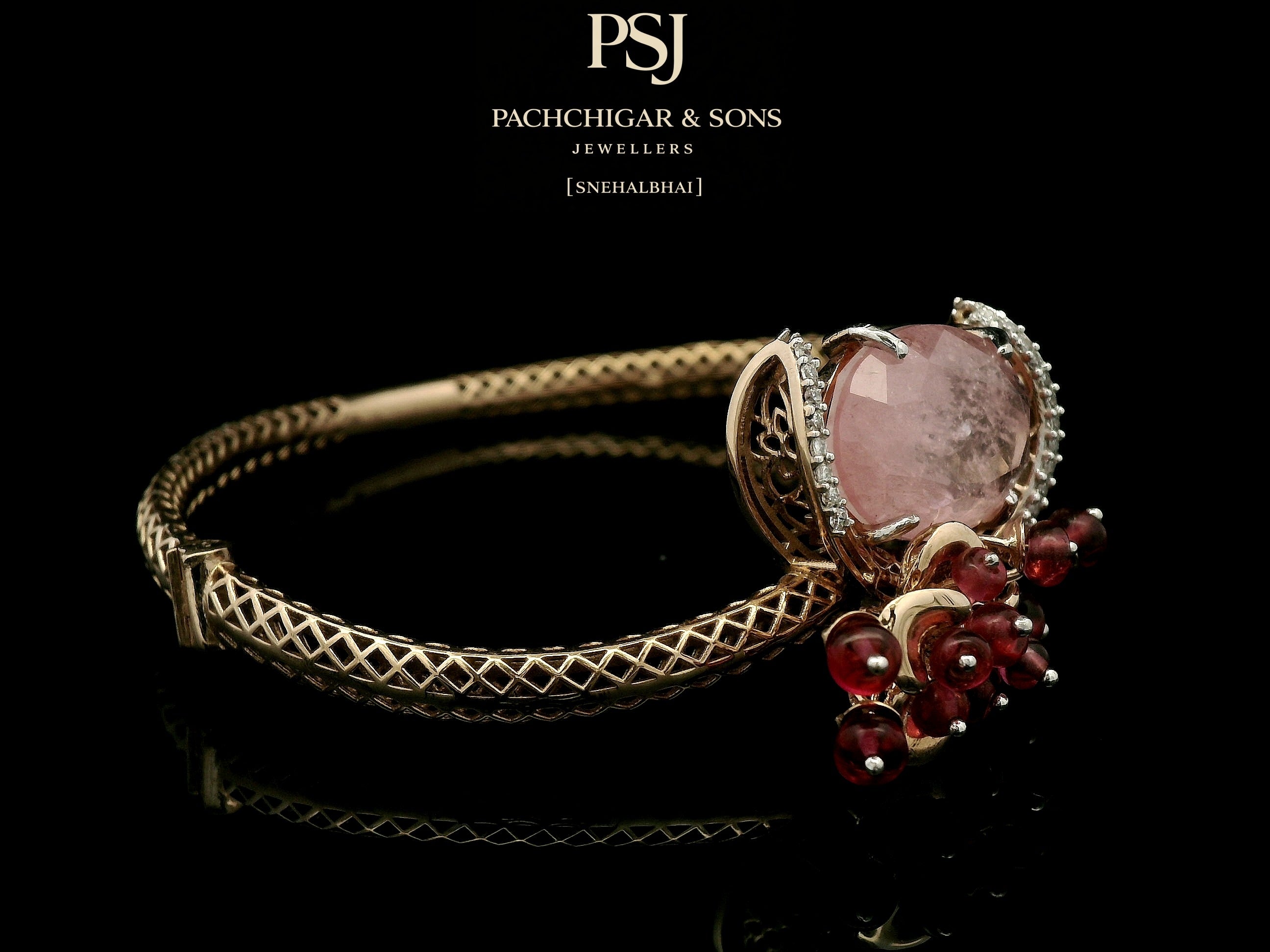 Rose Quartz Statement Bangle with Diamond Halo and Red Bead Detailing