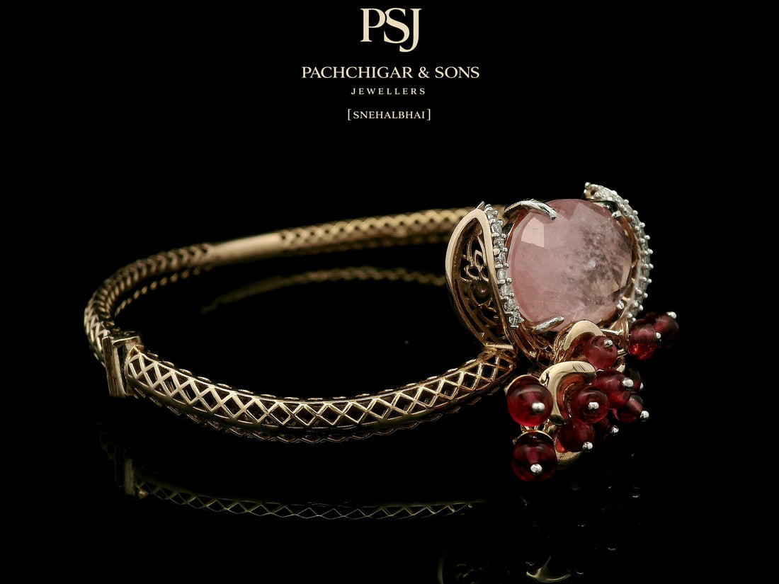 Rose Quartz Statement Bangle with Diamond Halo and Red Bead Detailing