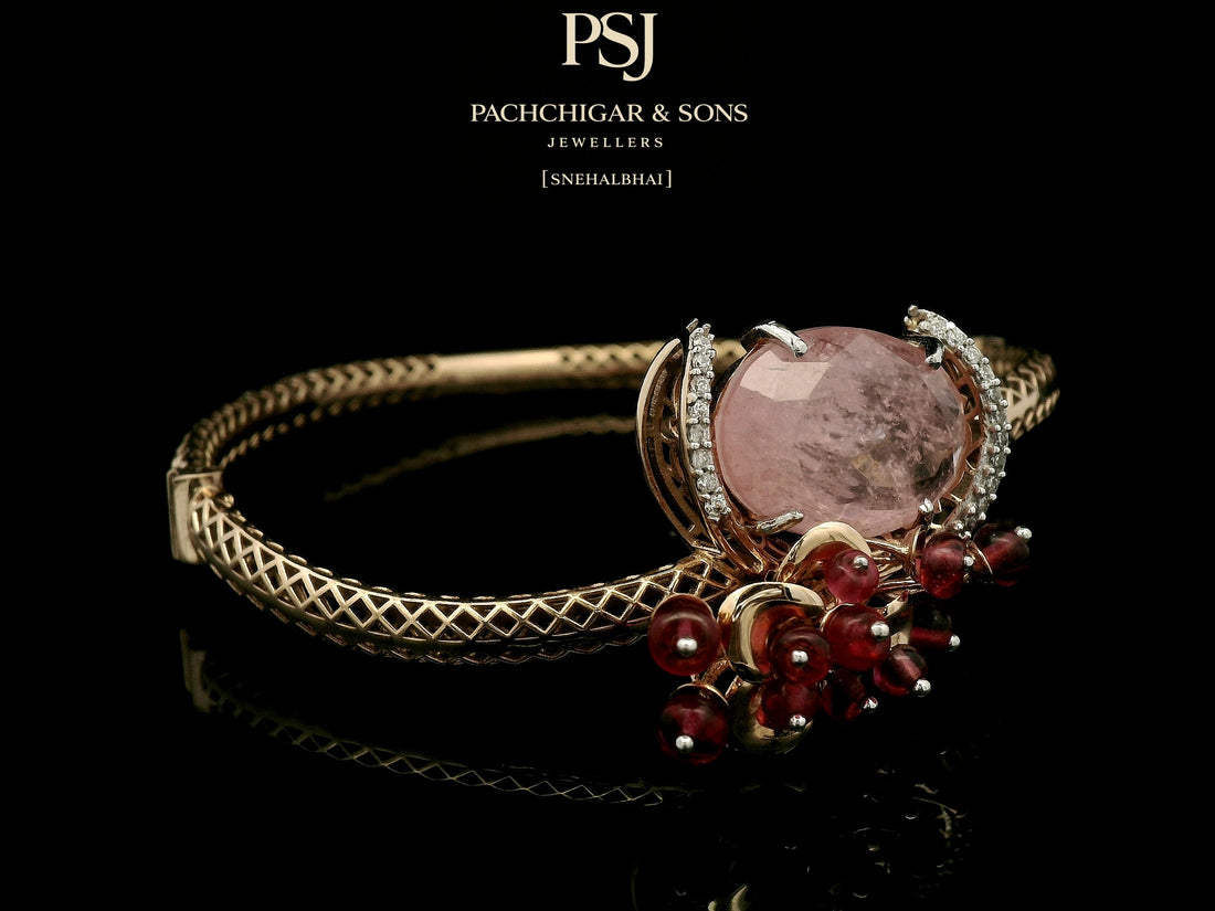Rose Quartz Statement Bangle with Diamond Halo and Red Bead Detailing