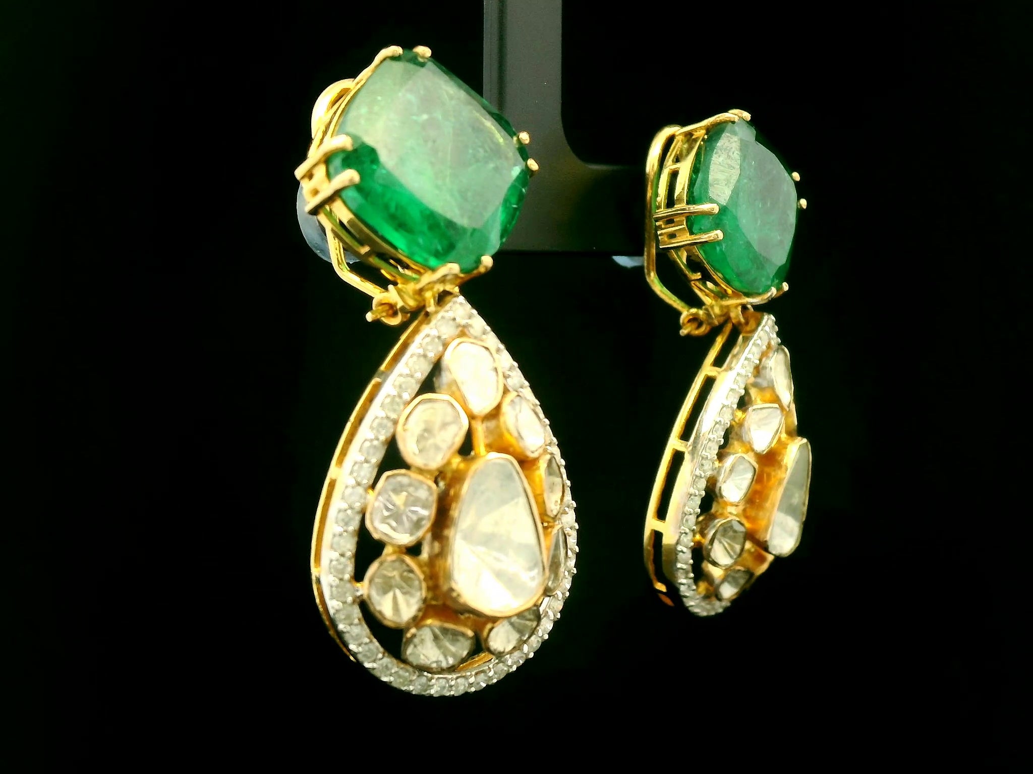 Emerald Green Teardrop Statement Earrings with Gold Finish
