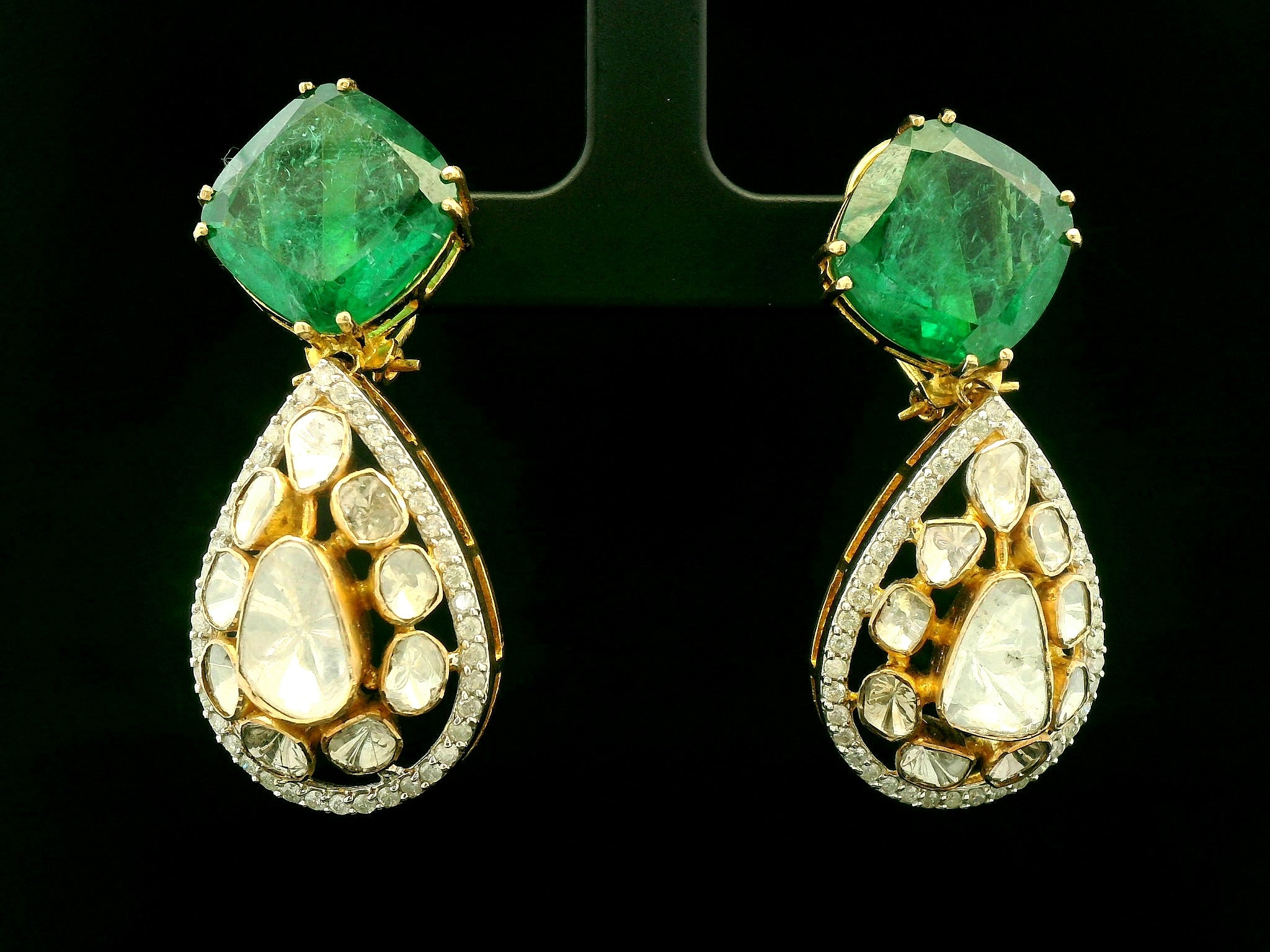 Emerald Green Teardrop Statement Earrings with Gold Finish