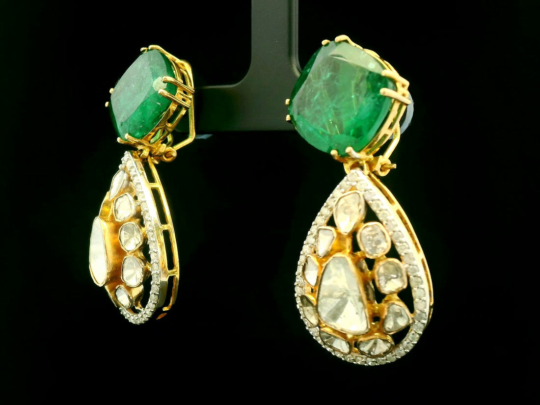 Emerald Green Teardrop Statement Earrings with Gold Finish