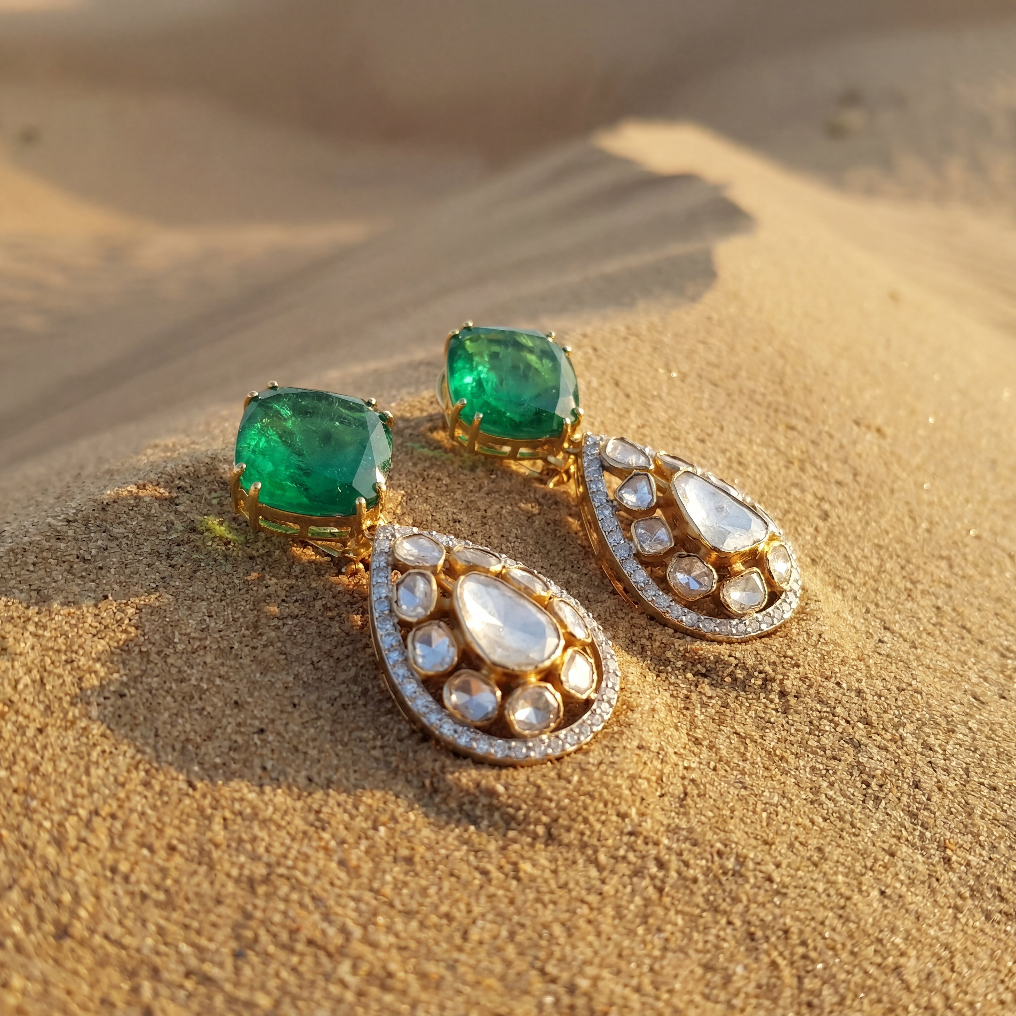 Emerald Green Teardrop Statement Earrings with Gold Finish