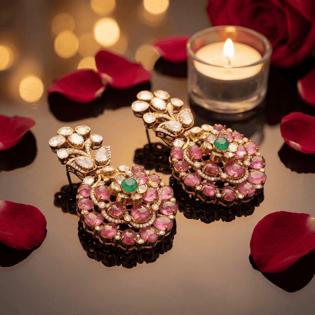 Floral Kundan Statement Earrings with Pink Stones and Emerald Center