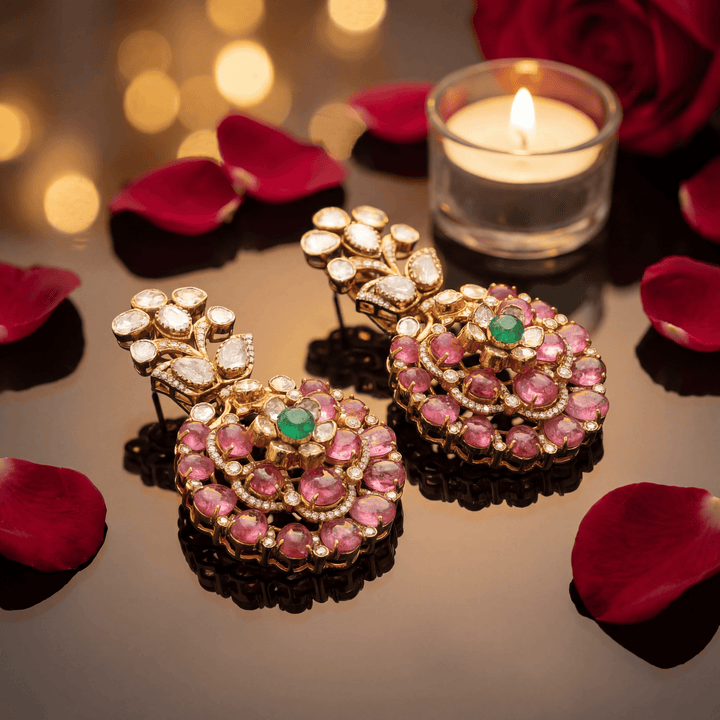 Floral Kundan Statement Earrings with Pink Stones and Emerald Center