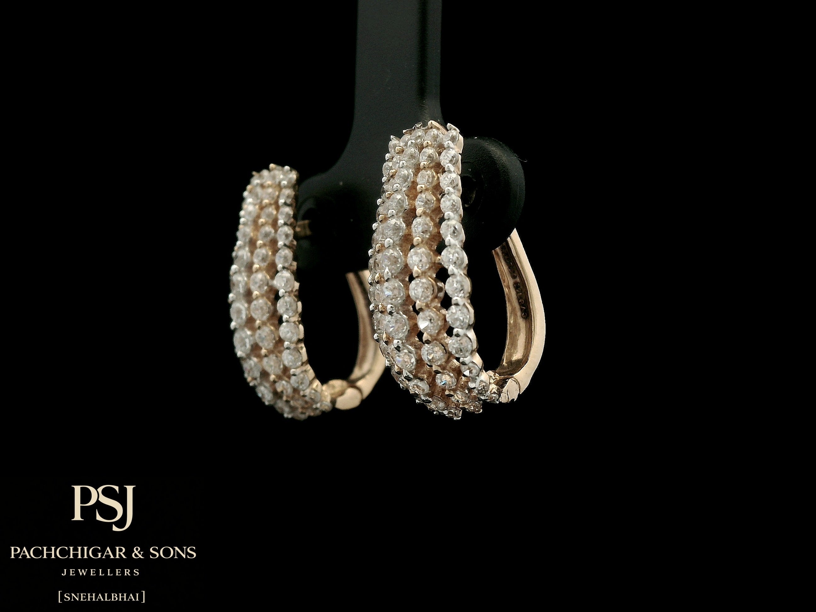 Triple Row Diamond Hoop Earrings in Rose Gold
