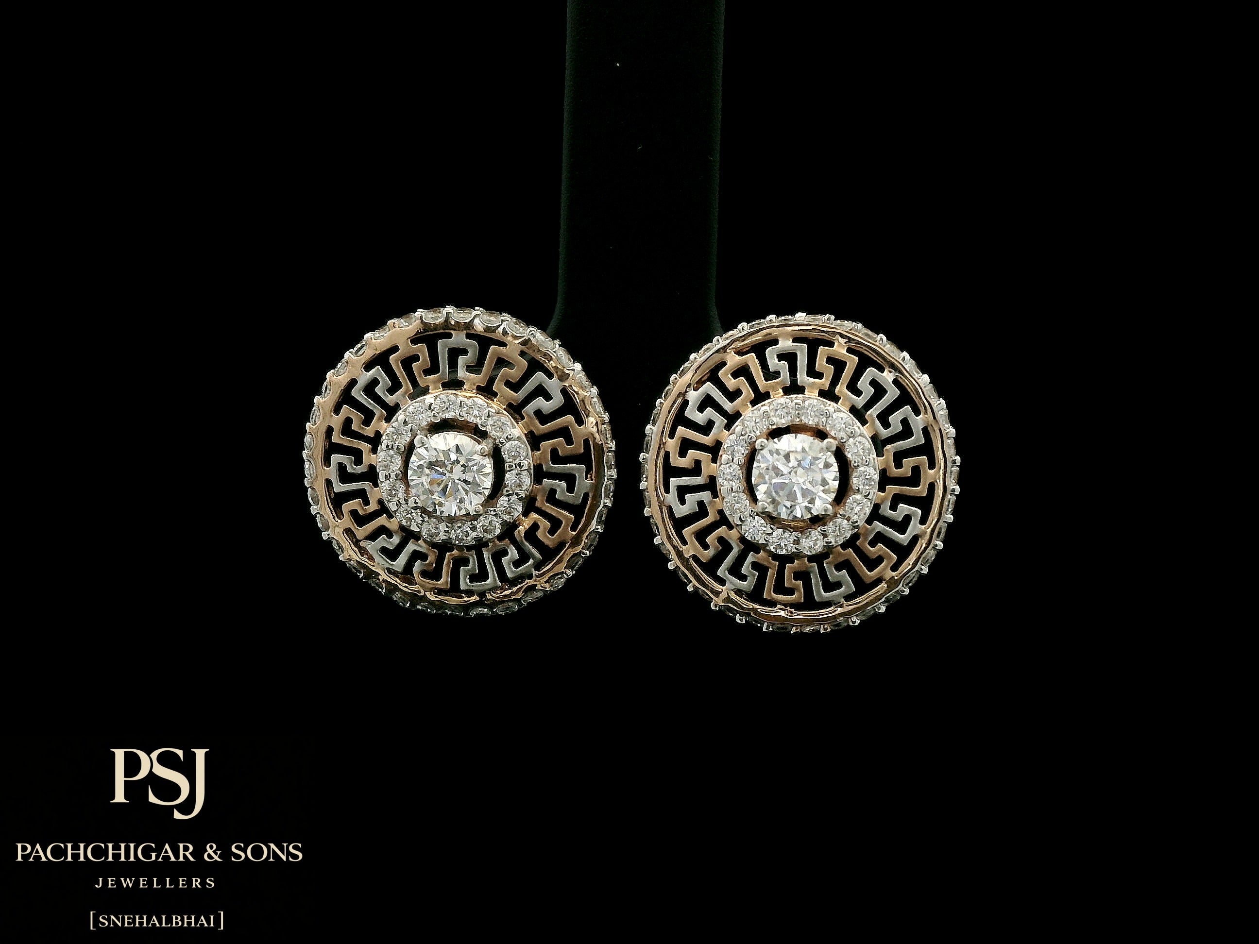 Circular Greek Pattern Diamond Stud Earrings in Rose Gold