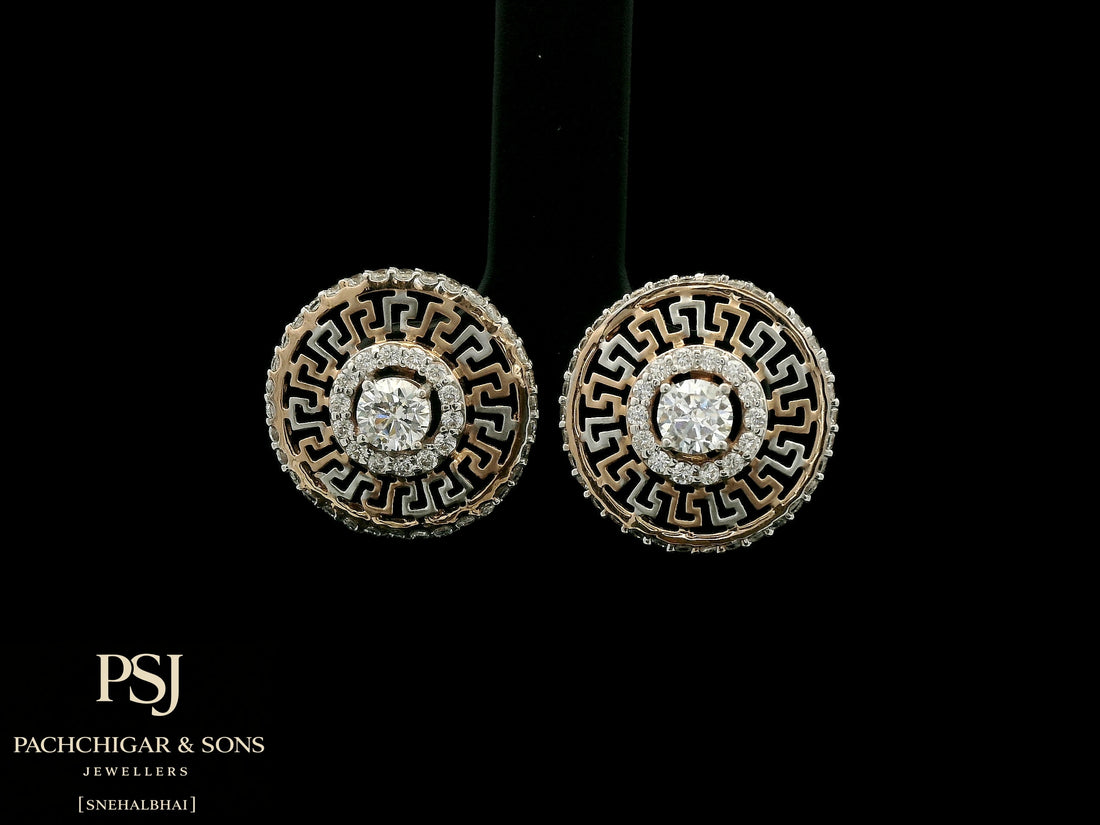 Circular Greek Pattern Diamond Stud Earrings in Rose Gold