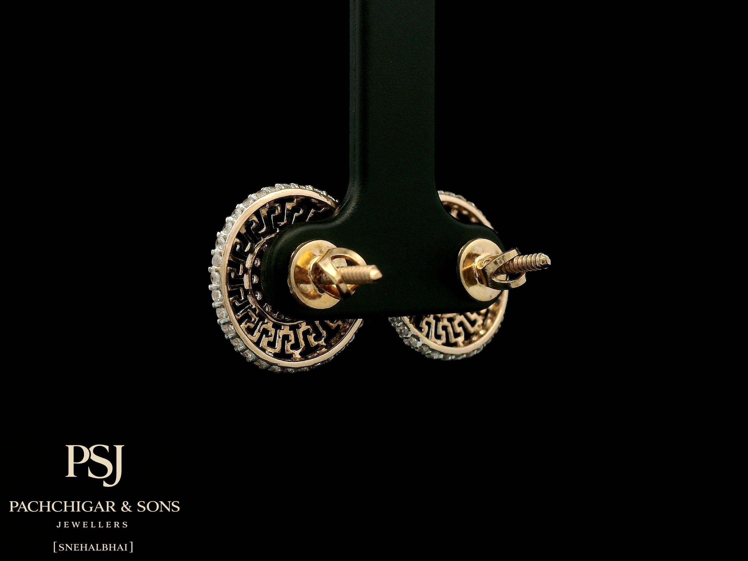 Circular Greek Pattern Diamond Stud Earrings in Rose Gold