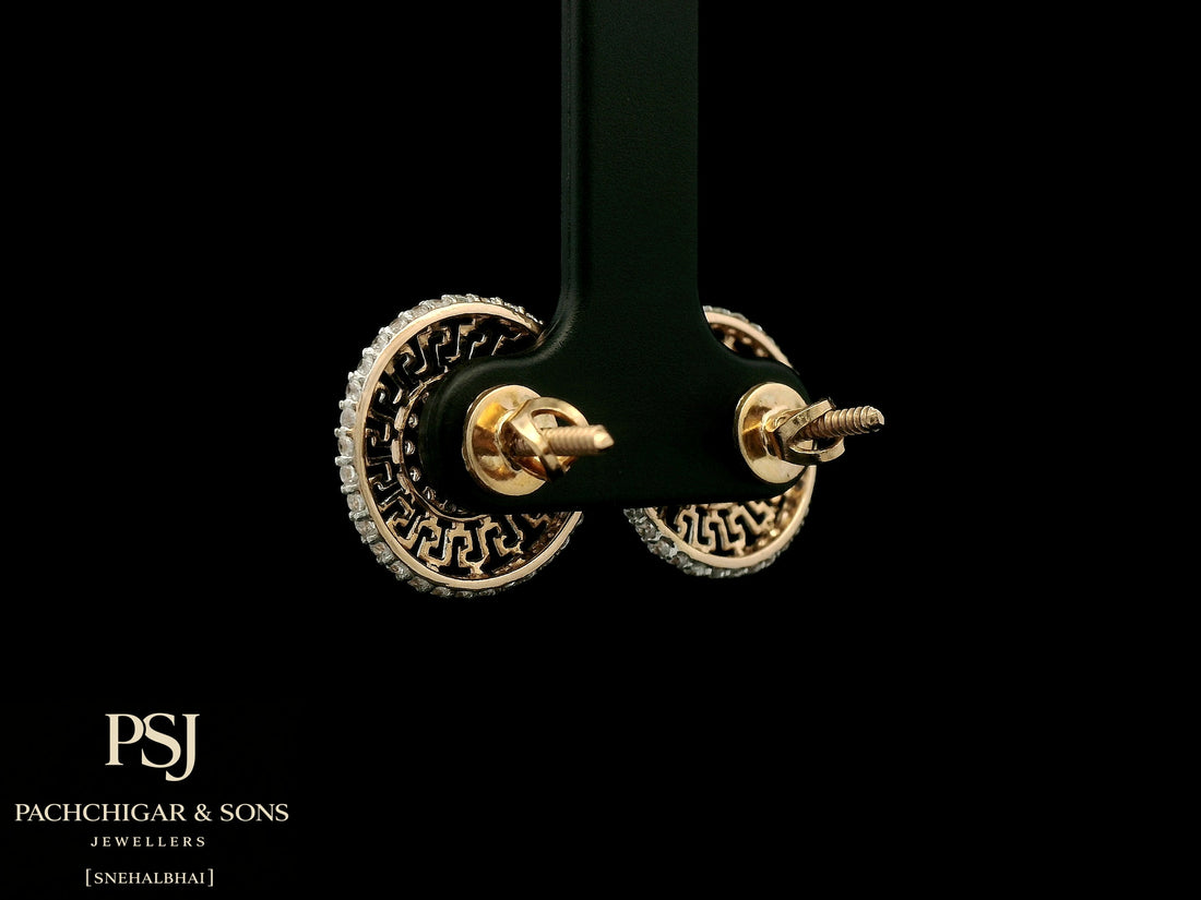 Circular Greek Pattern Diamond Stud Earrings in Rose Gold