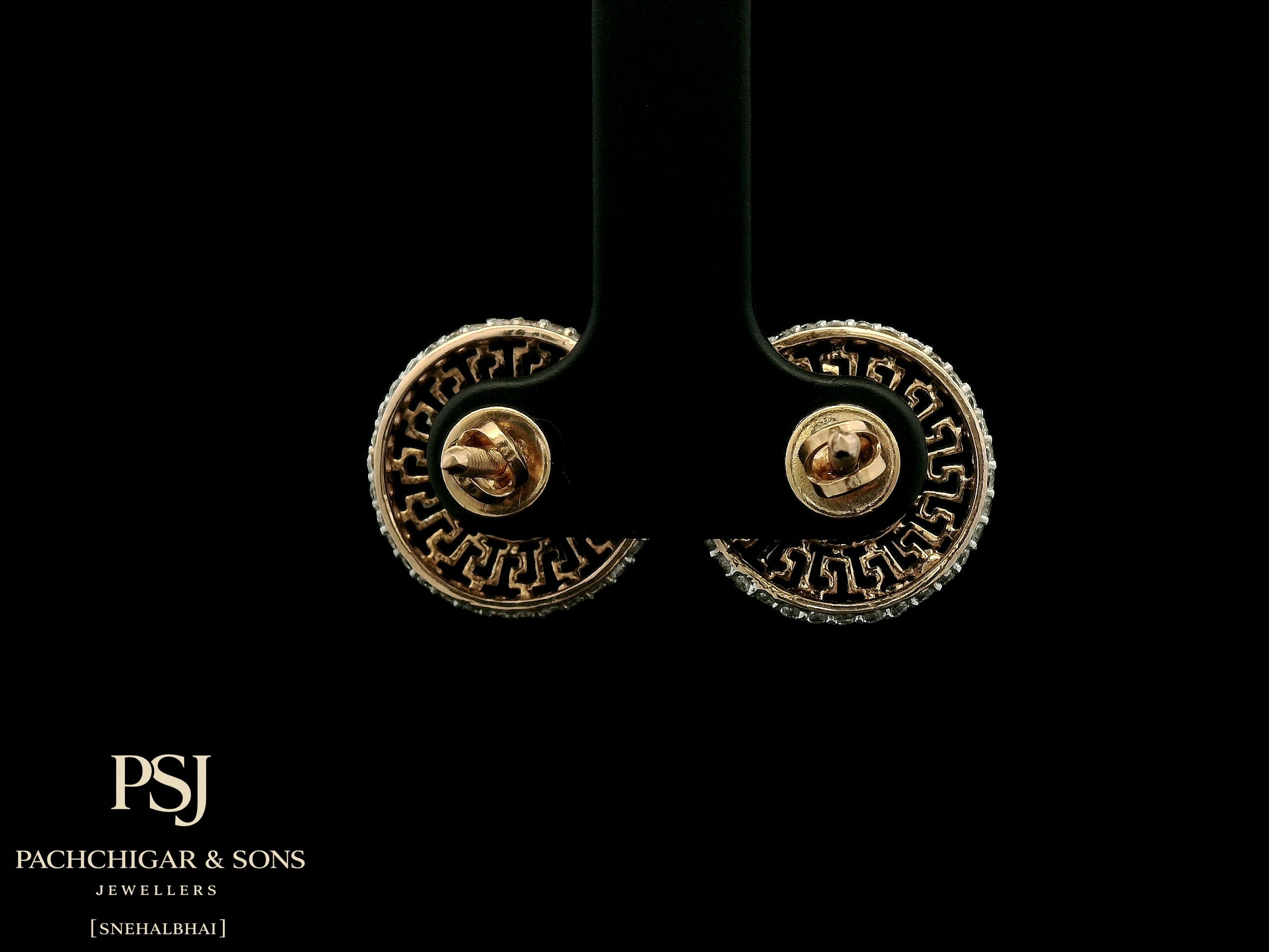 Circular Greek Pattern Diamond Stud Earrings in Rose Gold