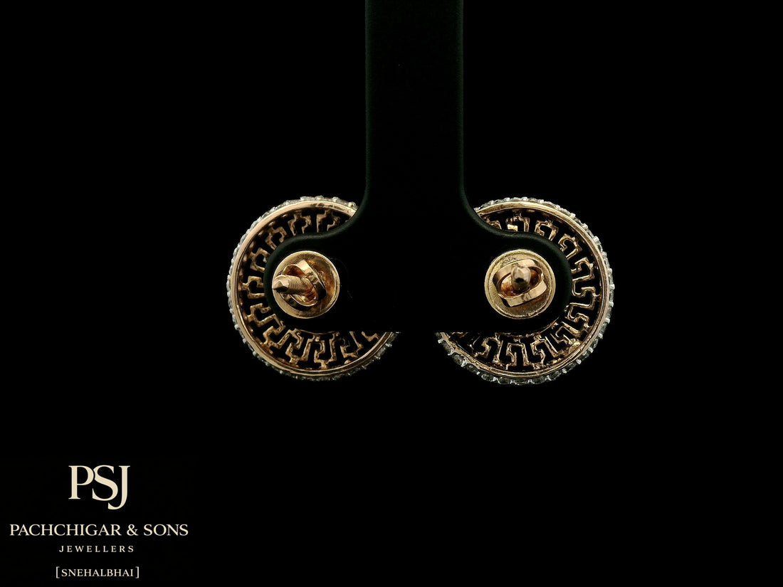 Circular Greek Pattern Diamond Stud Earrings in Rose Gold