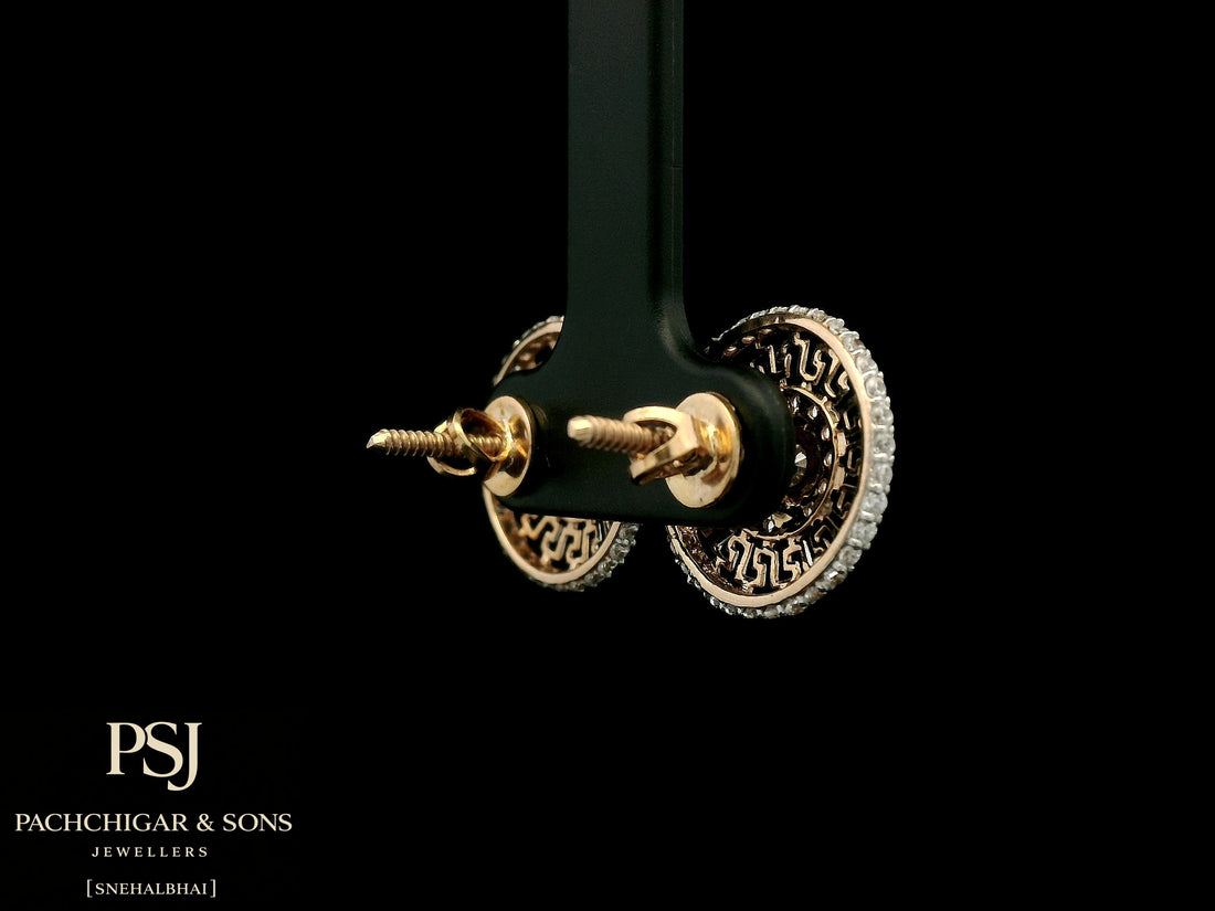 Circular Greek Pattern Diamond Stud Earrings in Rose Gold
