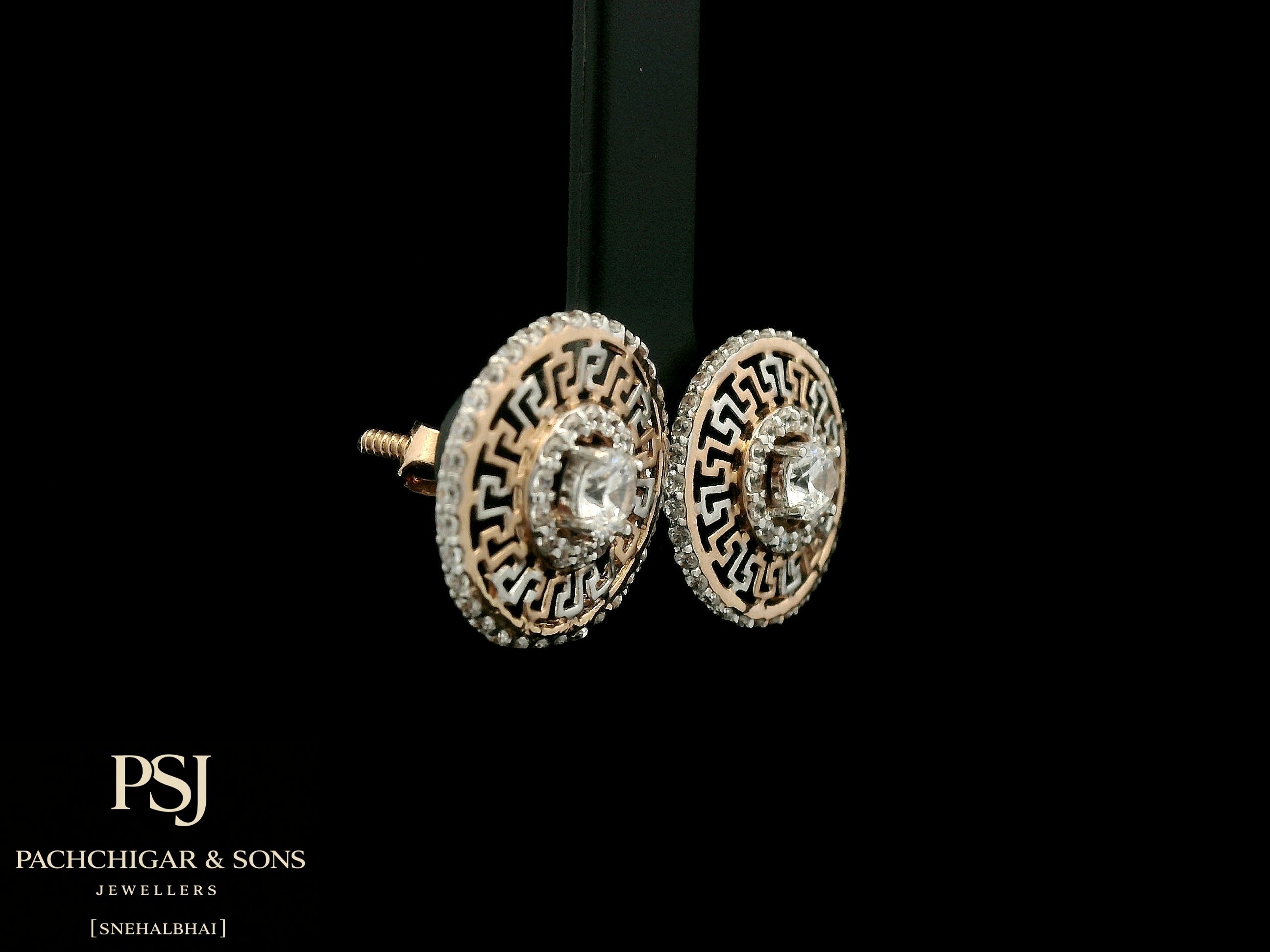 Circular Greek Pattern Diamond Stud Earrings in Rose Gold