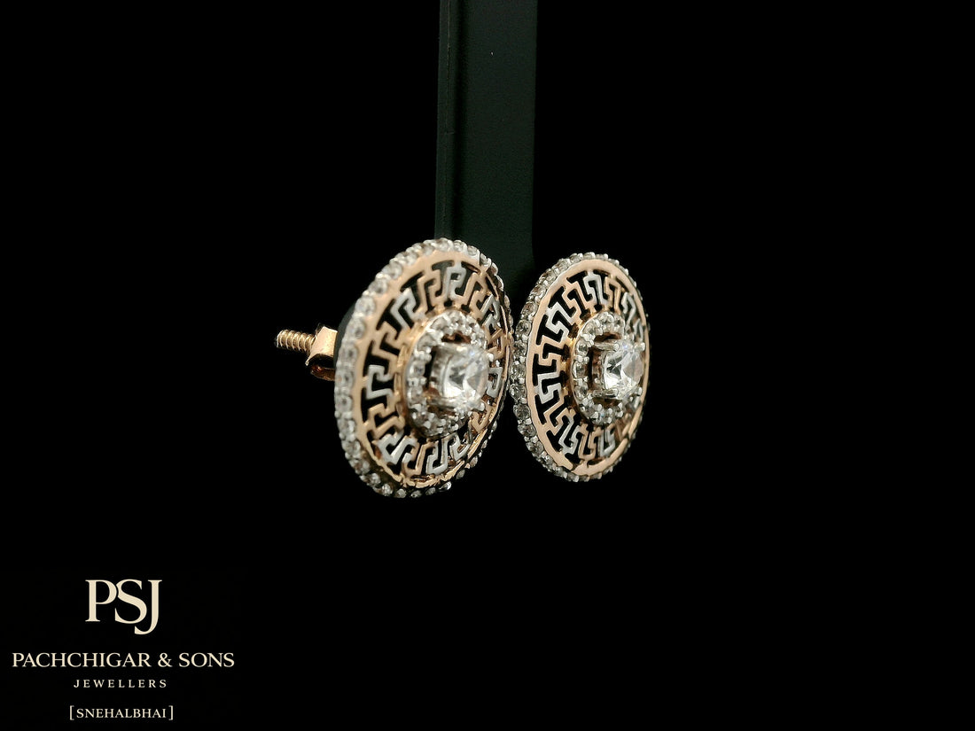 Circular Greek Pattern Diamond Stud Earrings in Rose Gold