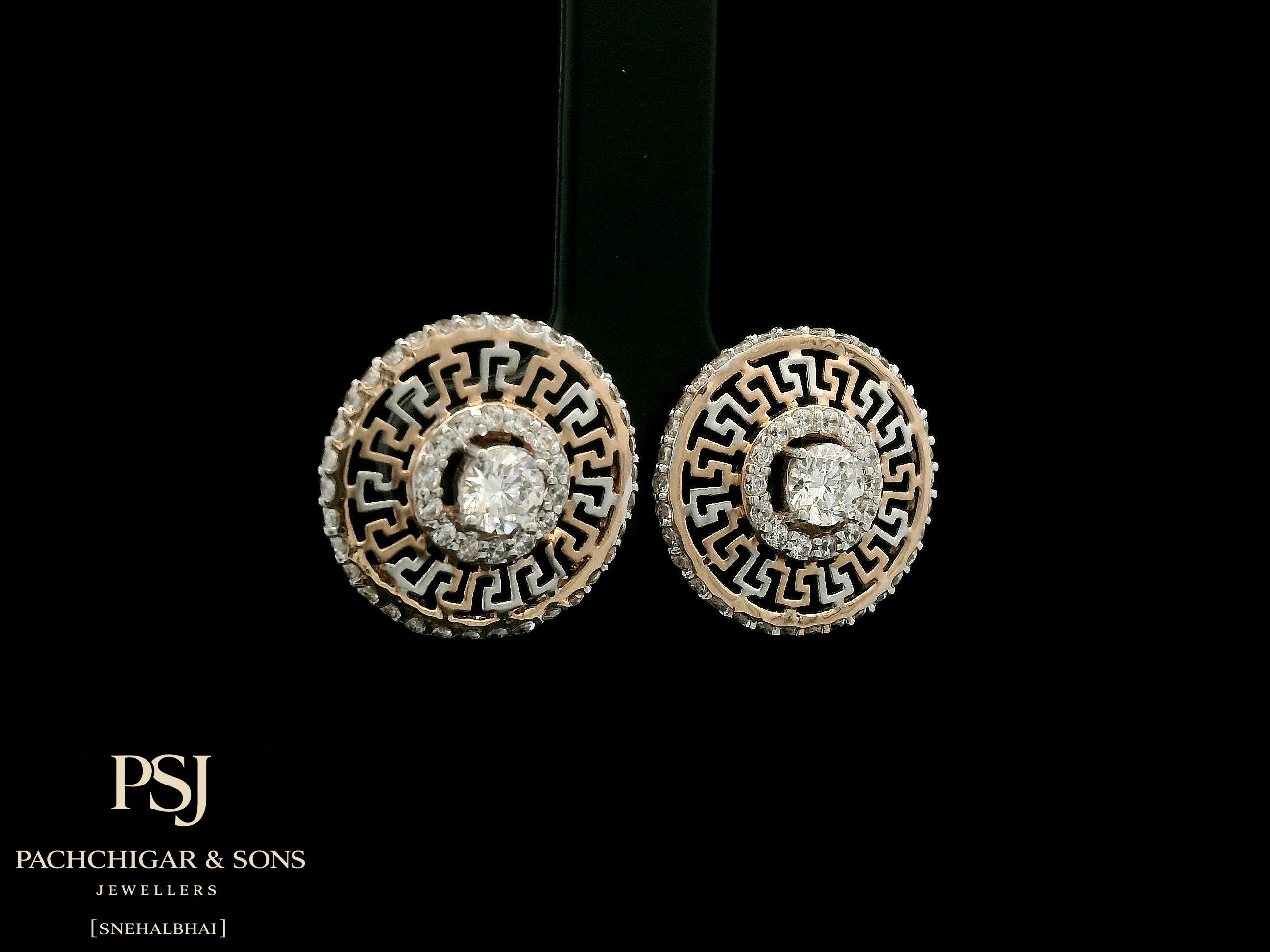 Circular Greek Pattern Diamond Stud Earrings in Rose Gold