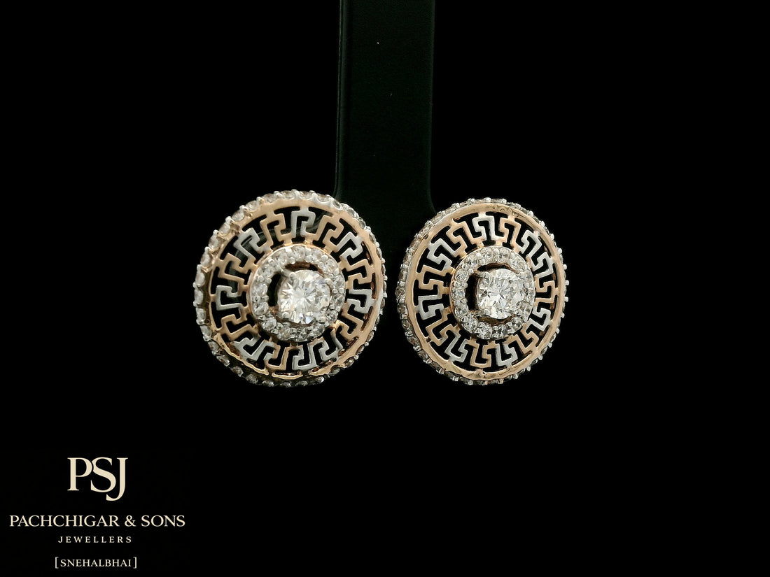 Circular Greek Pattern Diamond Stud Earrings in Rose Gold
