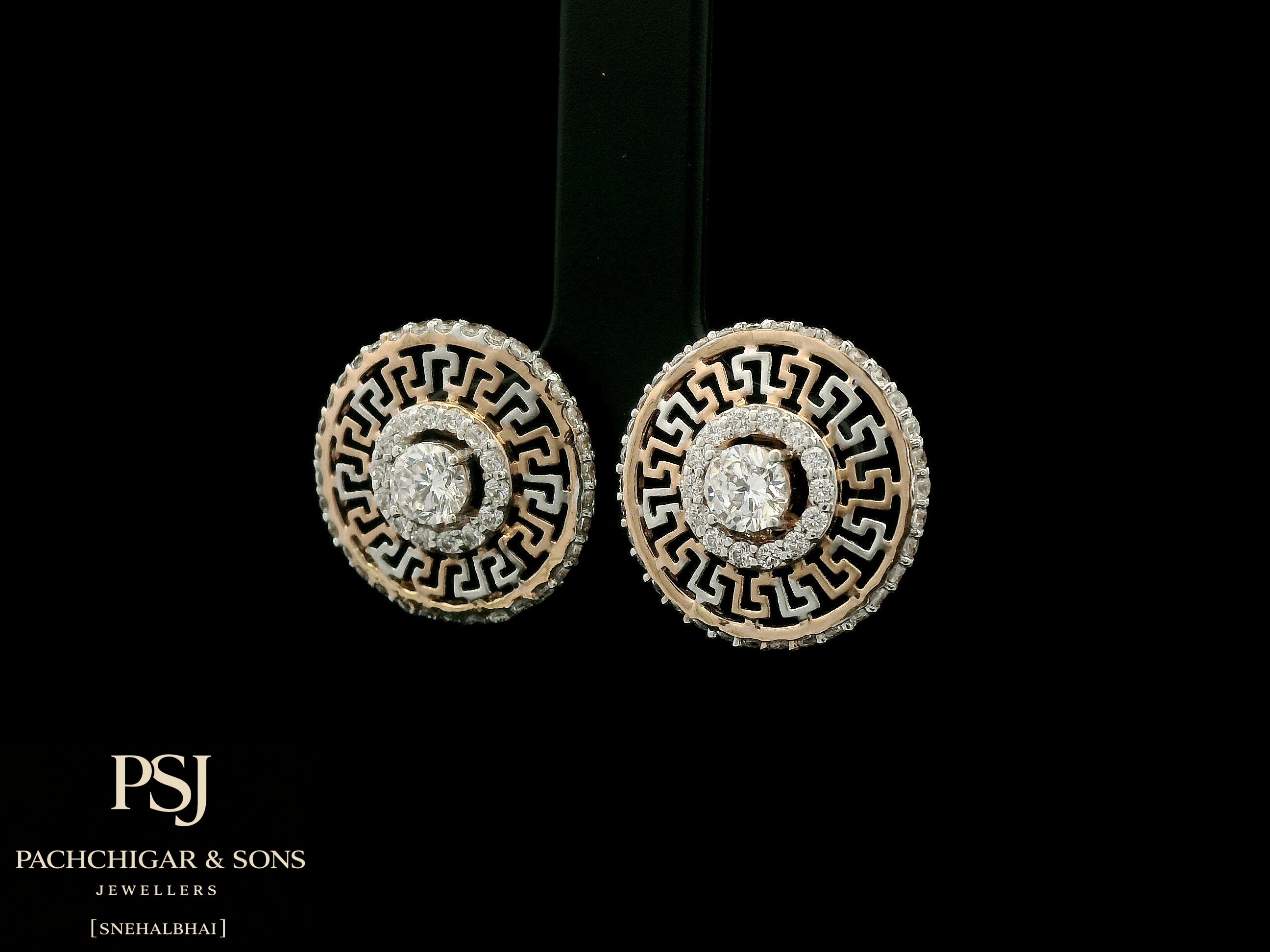 Circular Greek Pattern Diamond Stud Earrings in Rose Gold