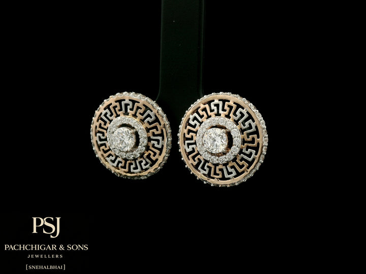 Circular Greek Pattern Diamond Stud Earrings in Rose Gold