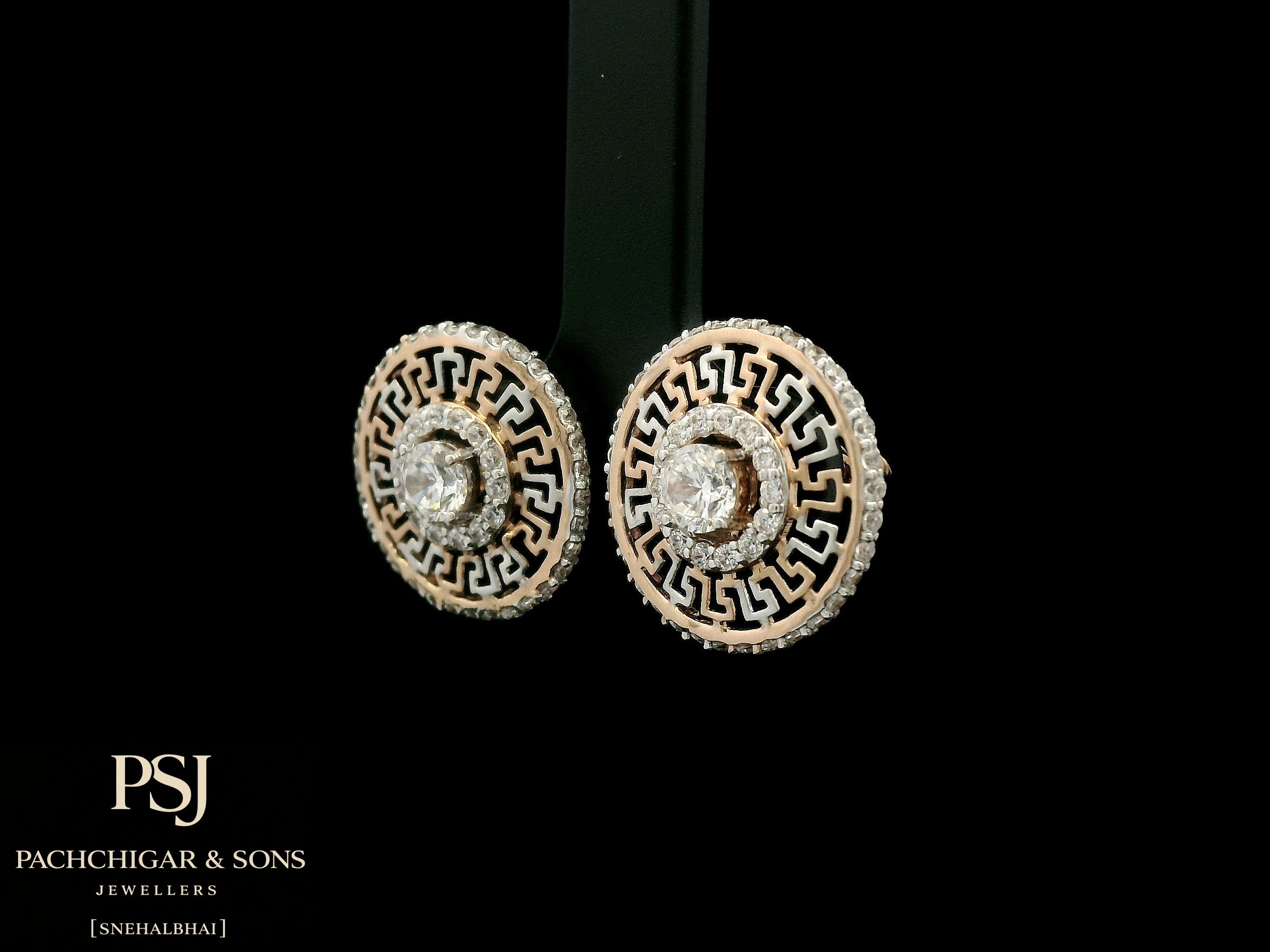 Circular Greek Pattern Diamond Stud Earrings in Rose Gold