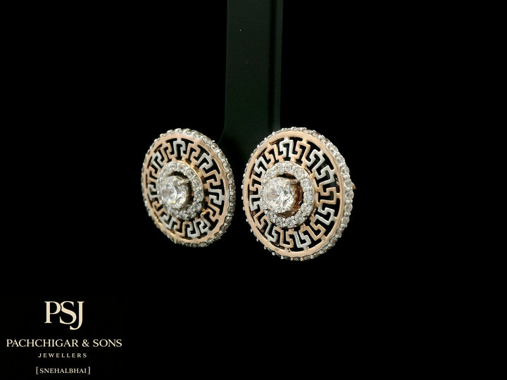 Circular Greek Pattern Diamond Stud Earrings in Rose Gold