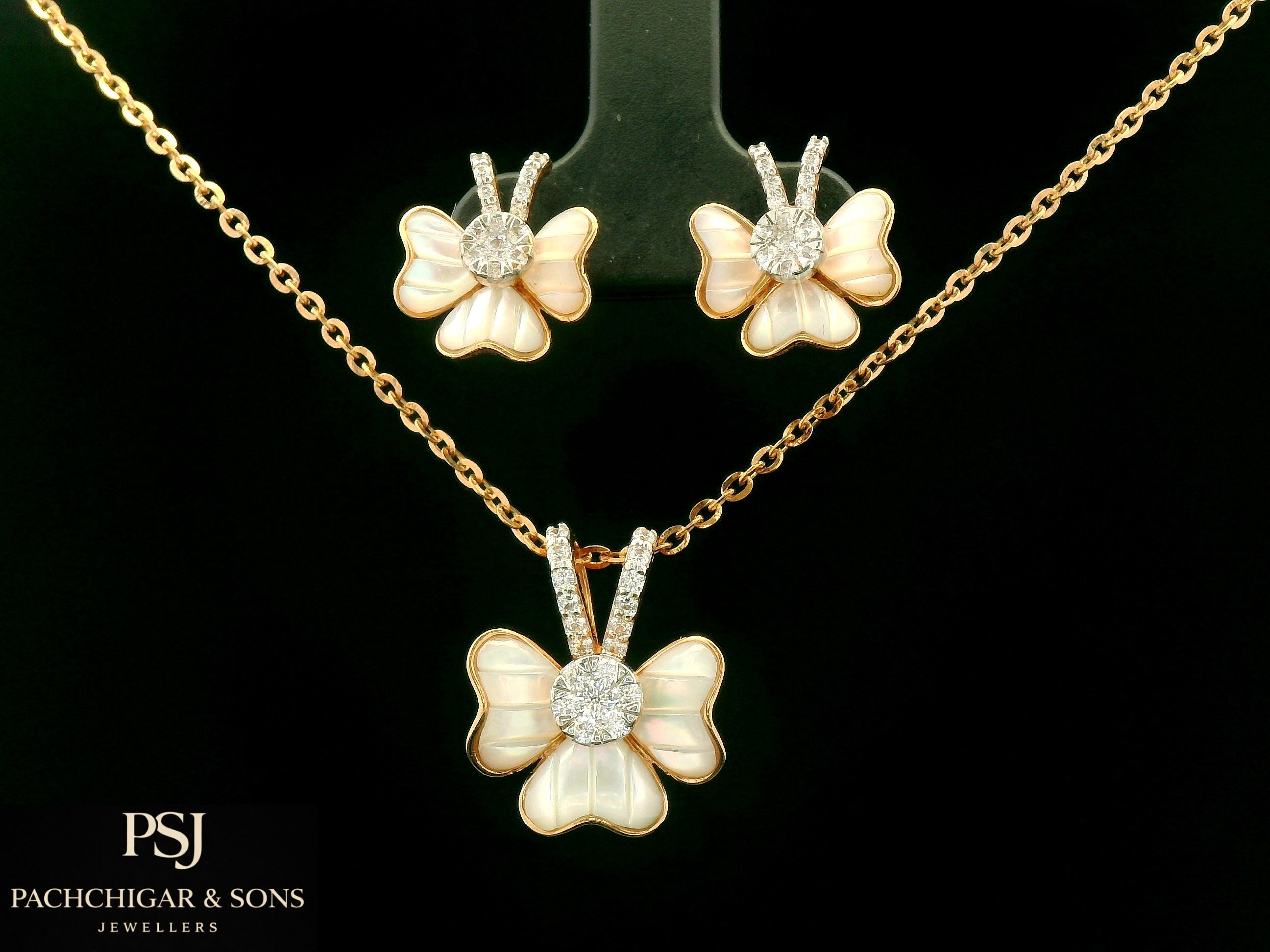 Butterfly Diamond Pendant Set with Mother of Pearl Finish