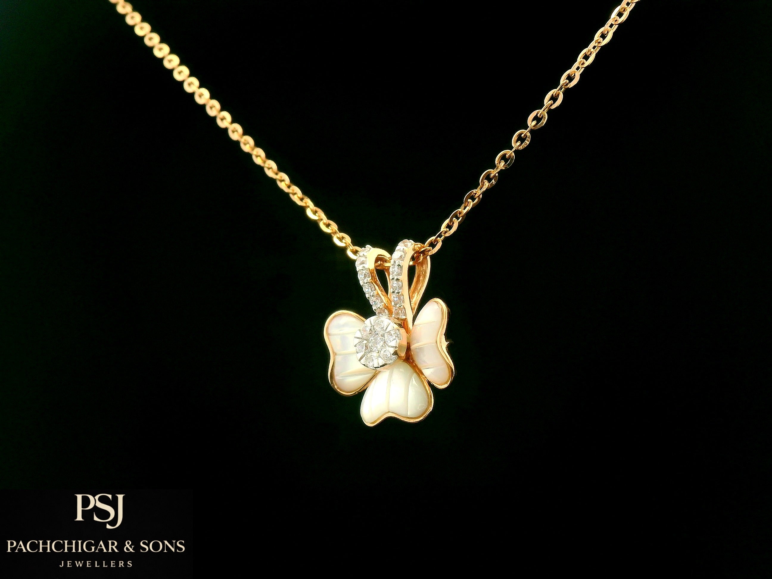Butterfly Diamond Pendant Set with Mother of Pearl Finish