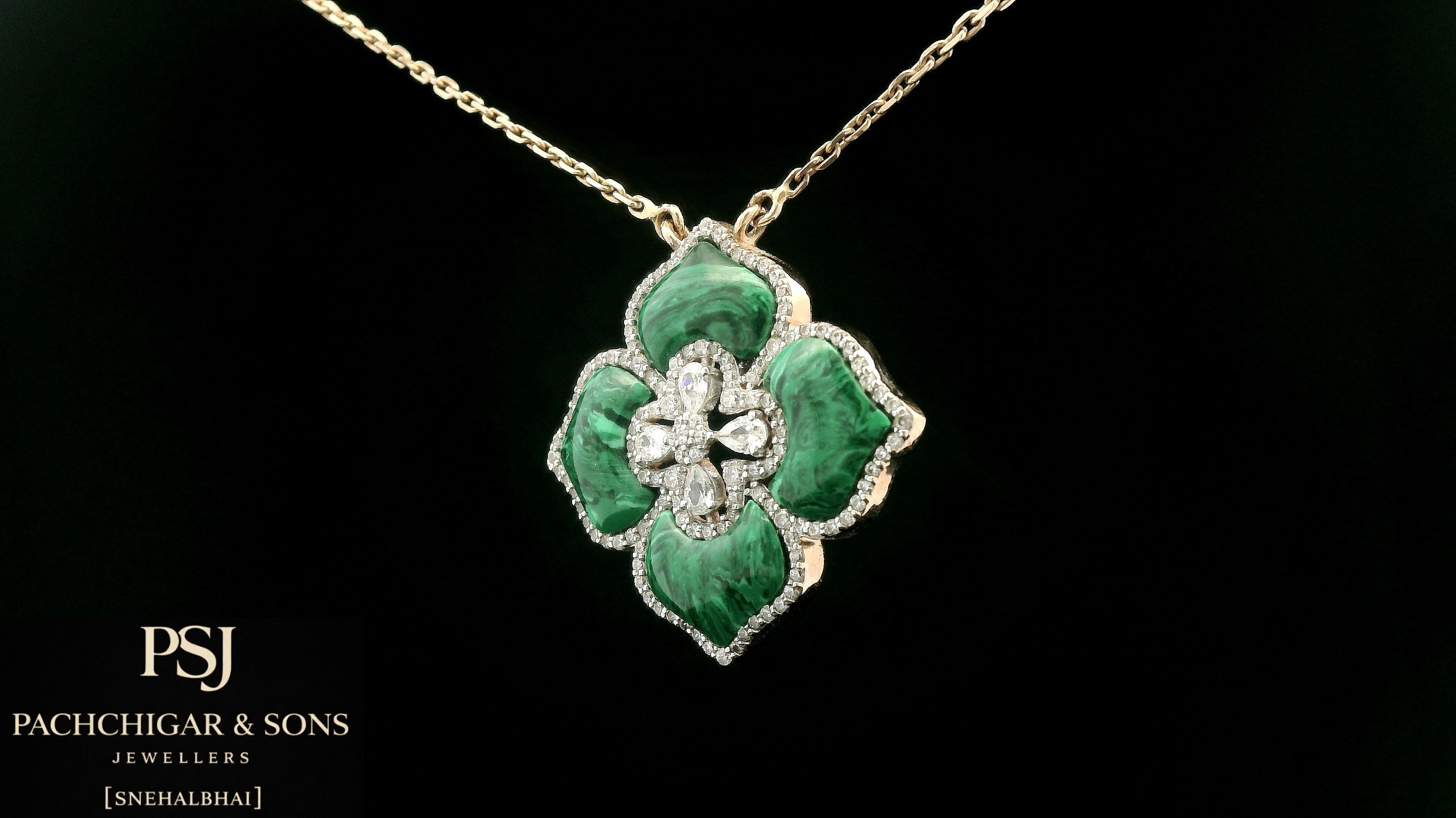 Malachite Floral Diamond Pendant Necklace