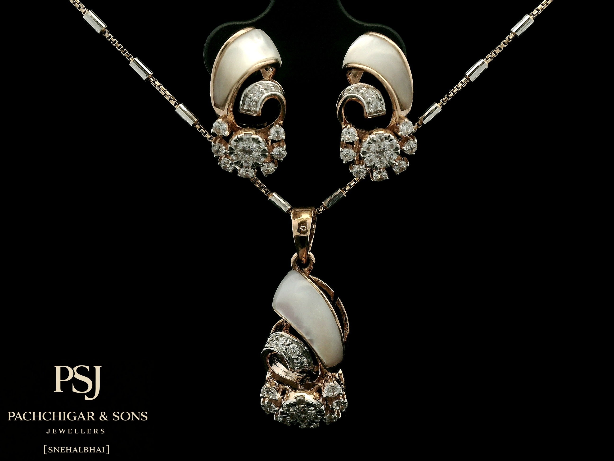 Pearl and Diamond Floral Pendant Set in Rose Gold
