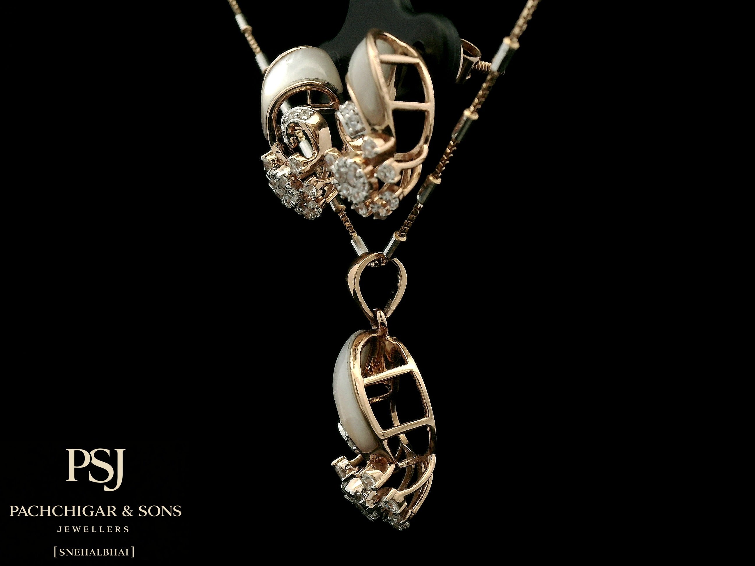 Pearl and Diamond Floral Pendant Set in Rose Gold