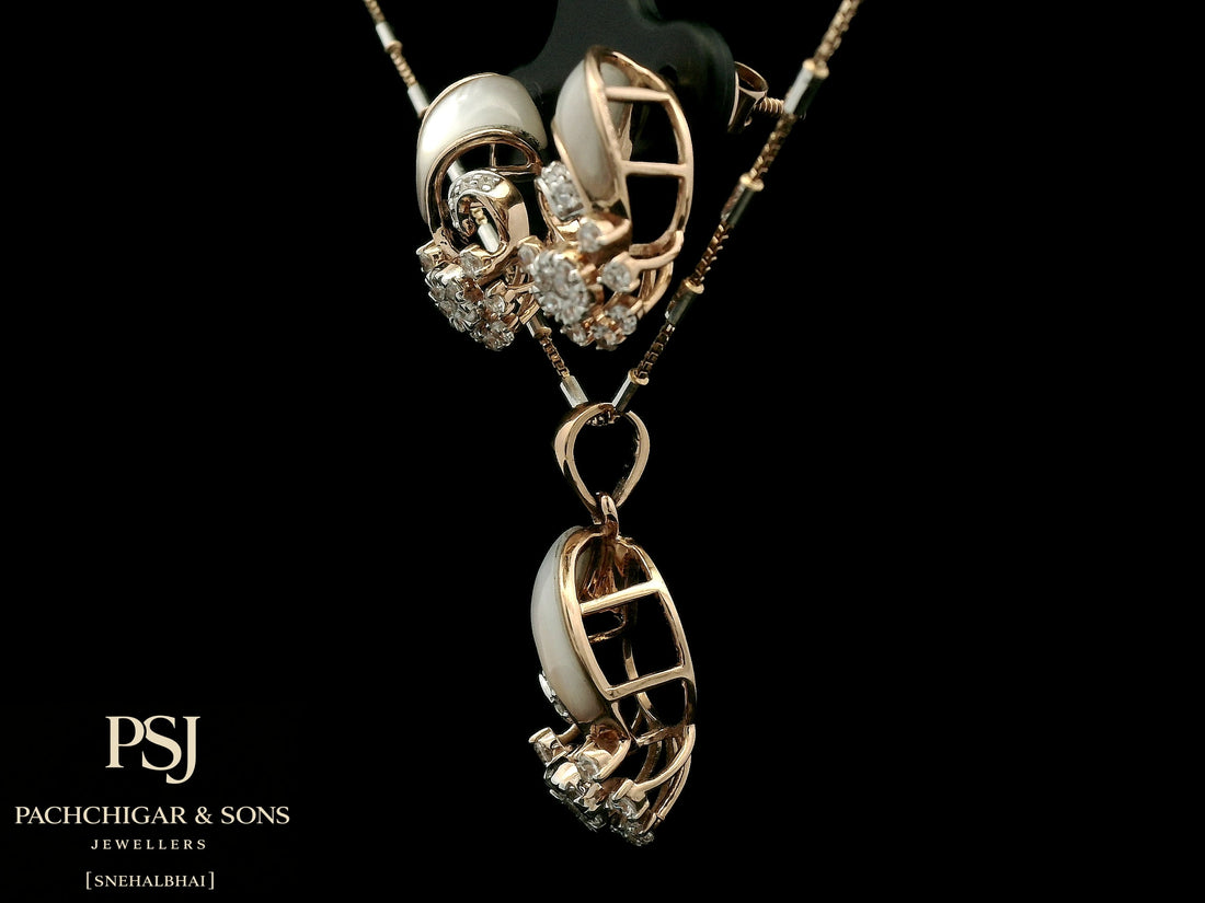 Pearl and Diamond Floral Pendant Set in Rose Gold
