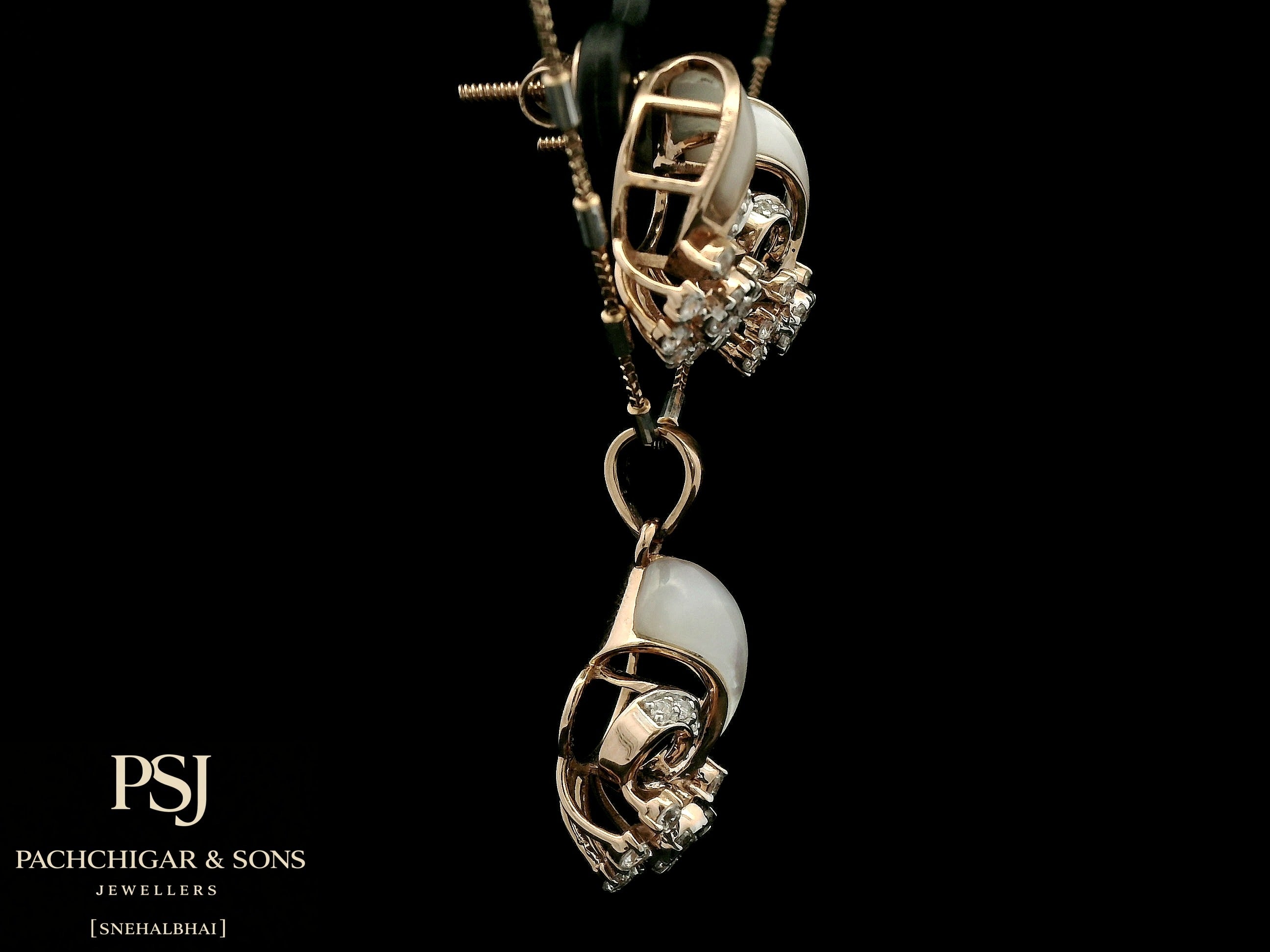 Pearl and Diamond Floral Pendant Set in Rose Gold