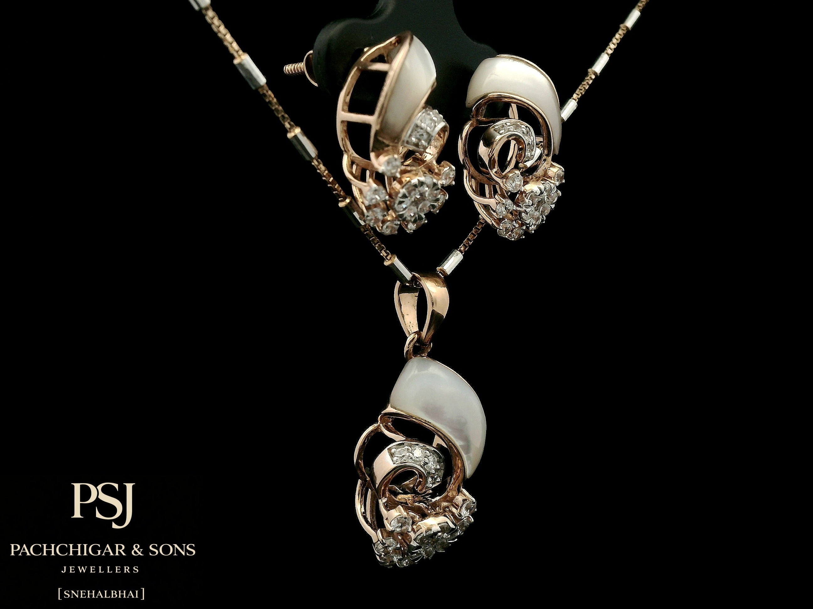 Pearl and Diamond Floral Pendant Set in Rose Gold
